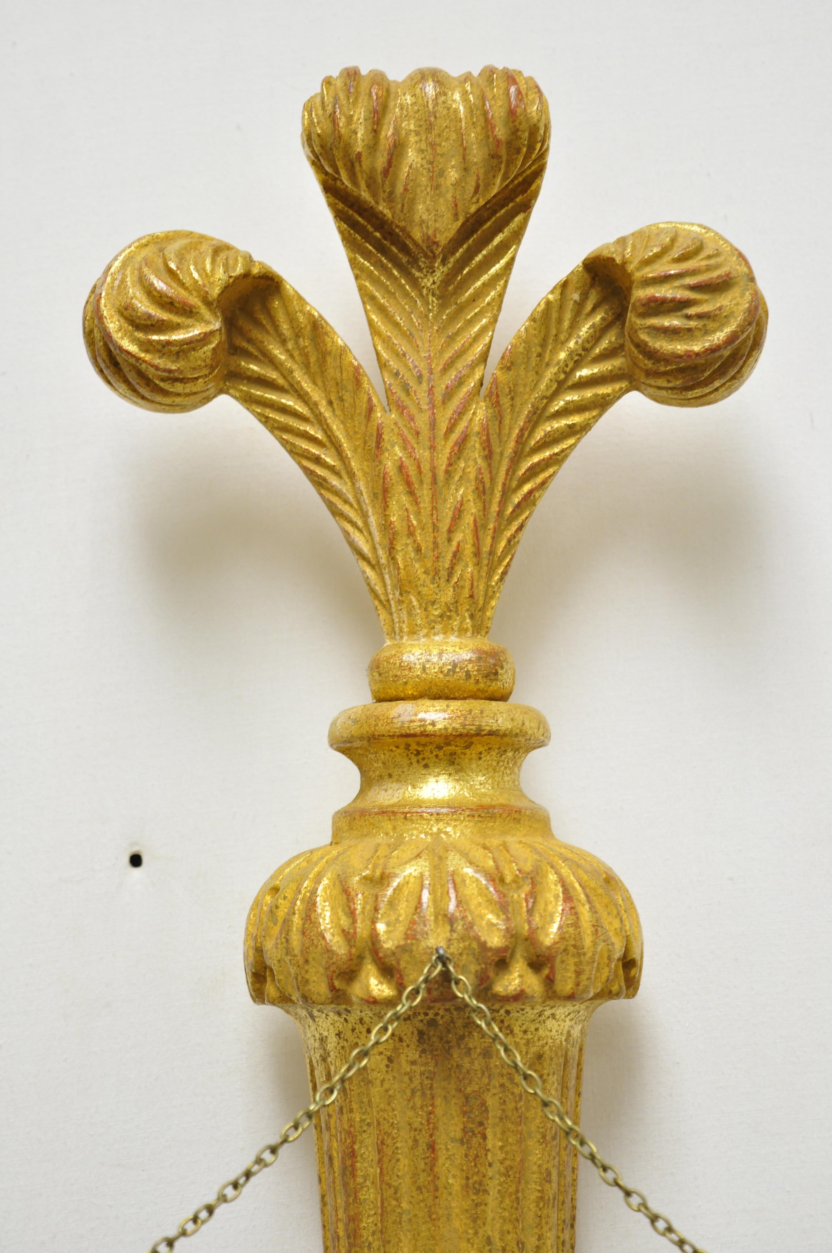20th Century Italian Regency Carved Wood Gold Giltwood Plume Prince of Wales Sconces, a Pair