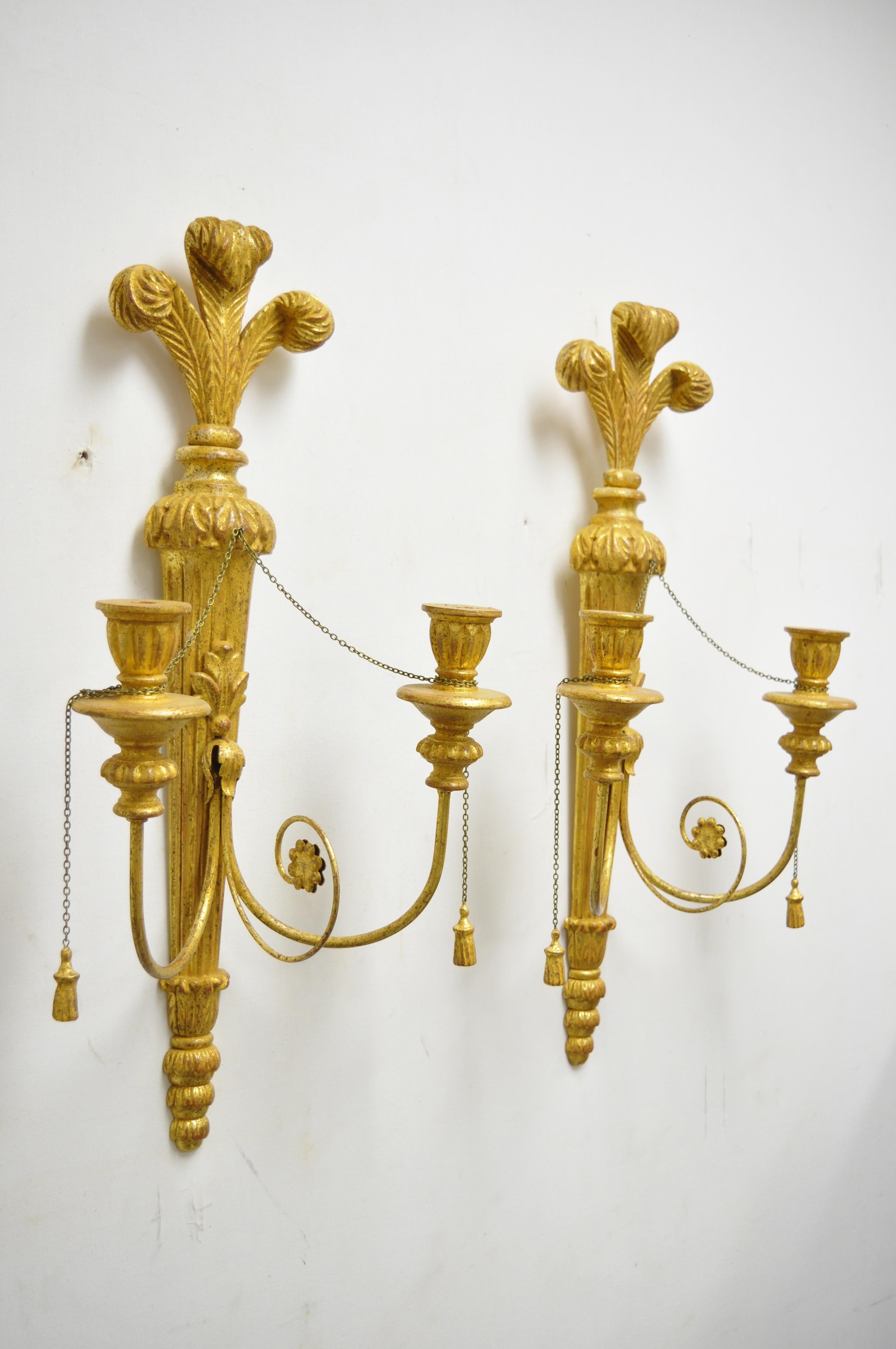 Iron Italian Regency Carved Wood Gold Giltwood Plume Prince of Wales Sconces, a Pair