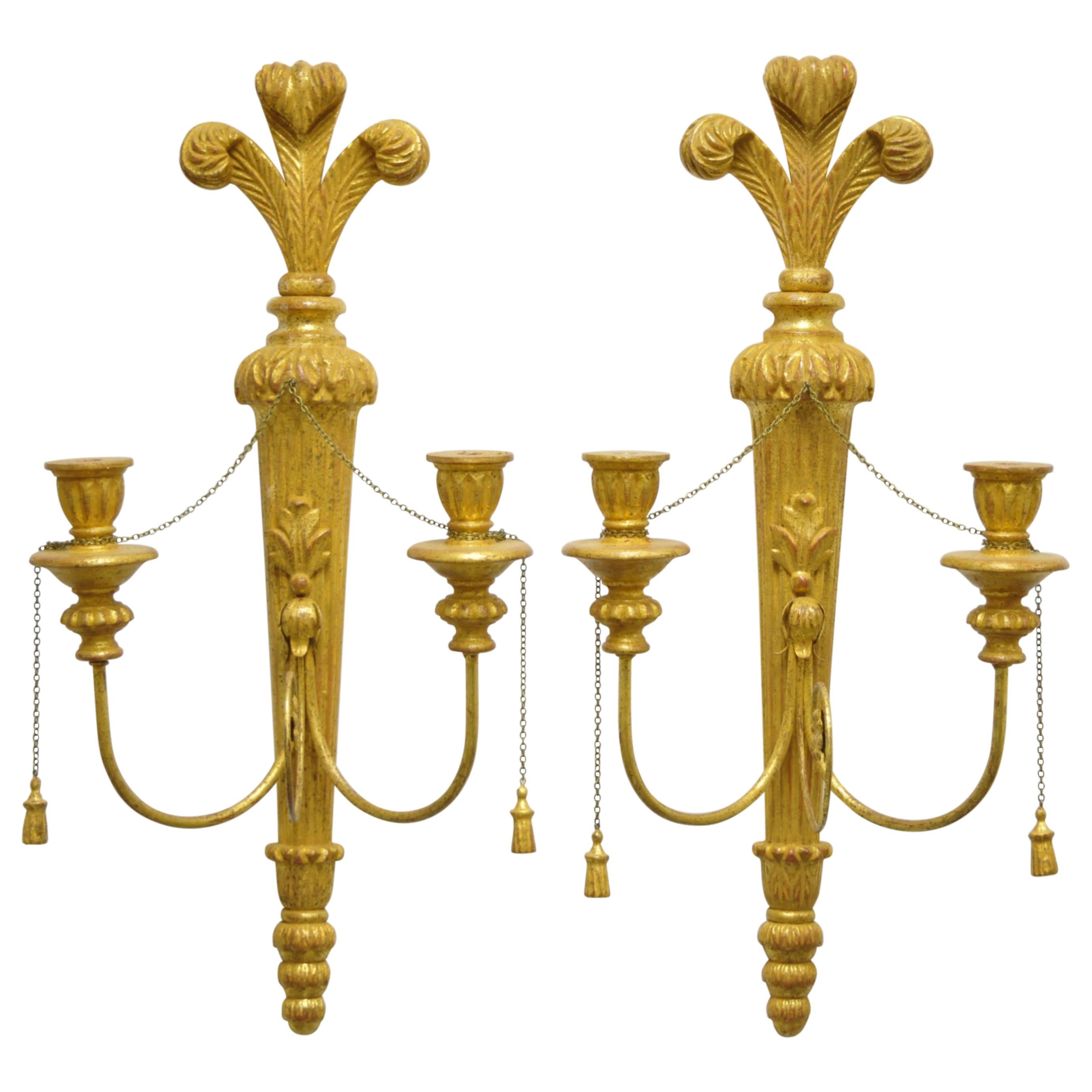 Italian Regency Carved Wood Gold Giltwood Plume Prince of Wales Sconces, a Pair