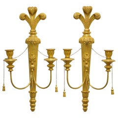 Italian Regency Carved Wood Gold Giltwood Plume Prince of Wales Sconces, a Pair