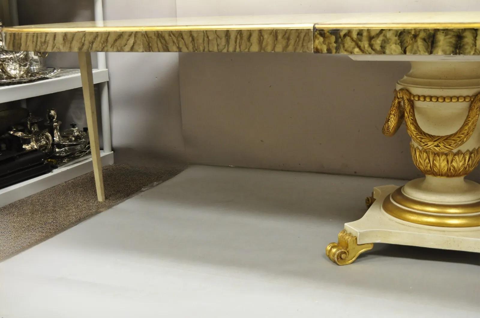Italian Regency Cream & Gold Gilt Lacquered Urn Pedestal Dining Table - 3 Leaves For Sale 5