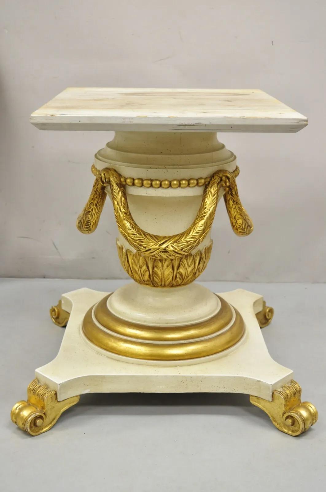 Italian Regency Cream & Gold Gilt Lacquered Urn Pedestal Dining Table - 3 Leaves In Good Condition For Sale In Philadelphia, PA