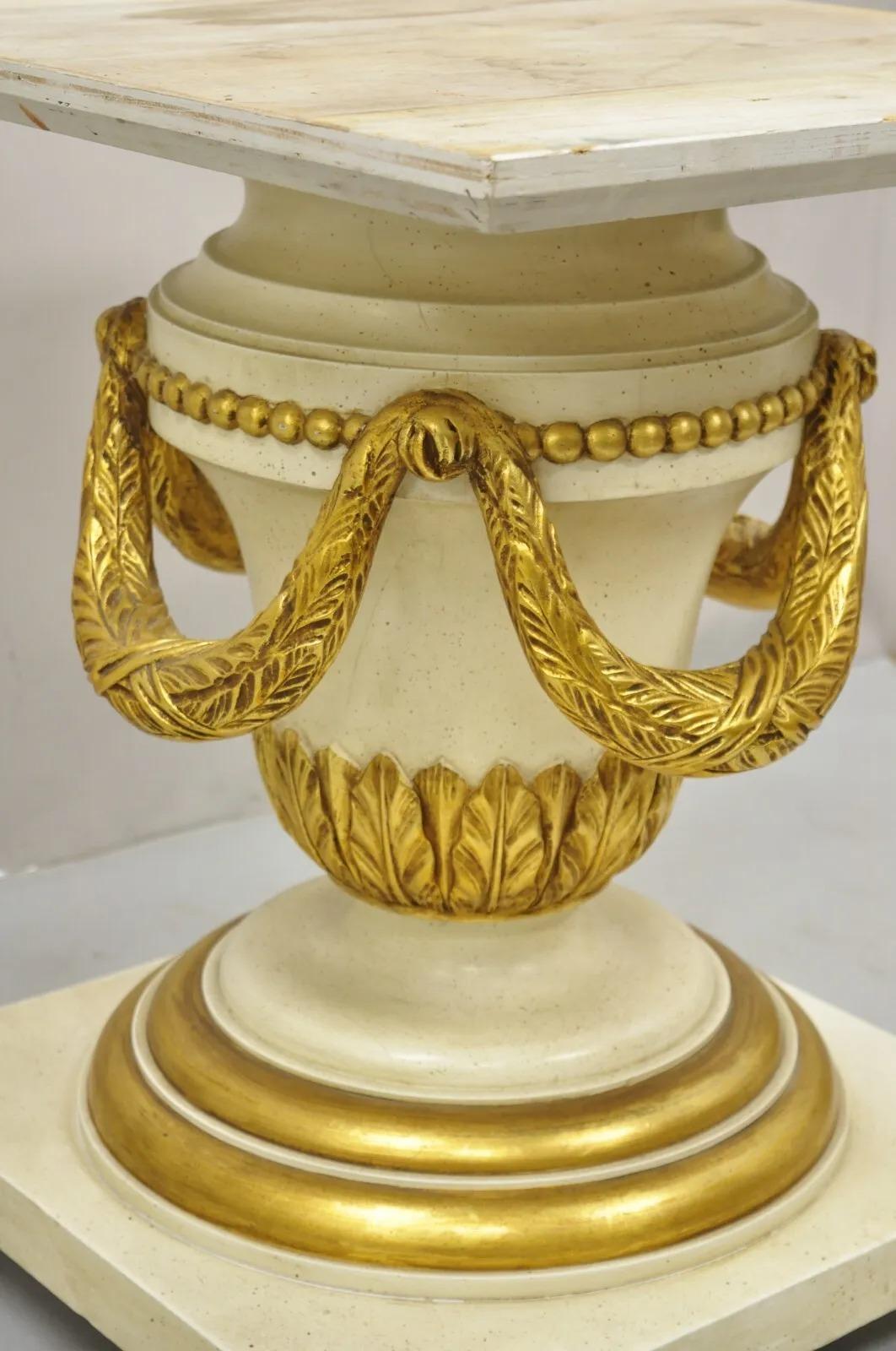 20th Century Italian Regency Cream & Gold Gilt Lacquered Urn Pedestal Dining Table - 3 Leaves For Sale