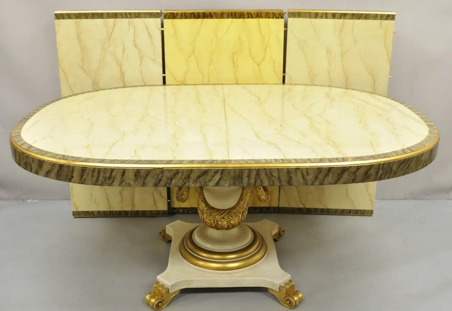 Italian Regency Cream & Gold Gilt Lacquered Urn Pedestal Dining Table - 3 Leaves For Sale 3