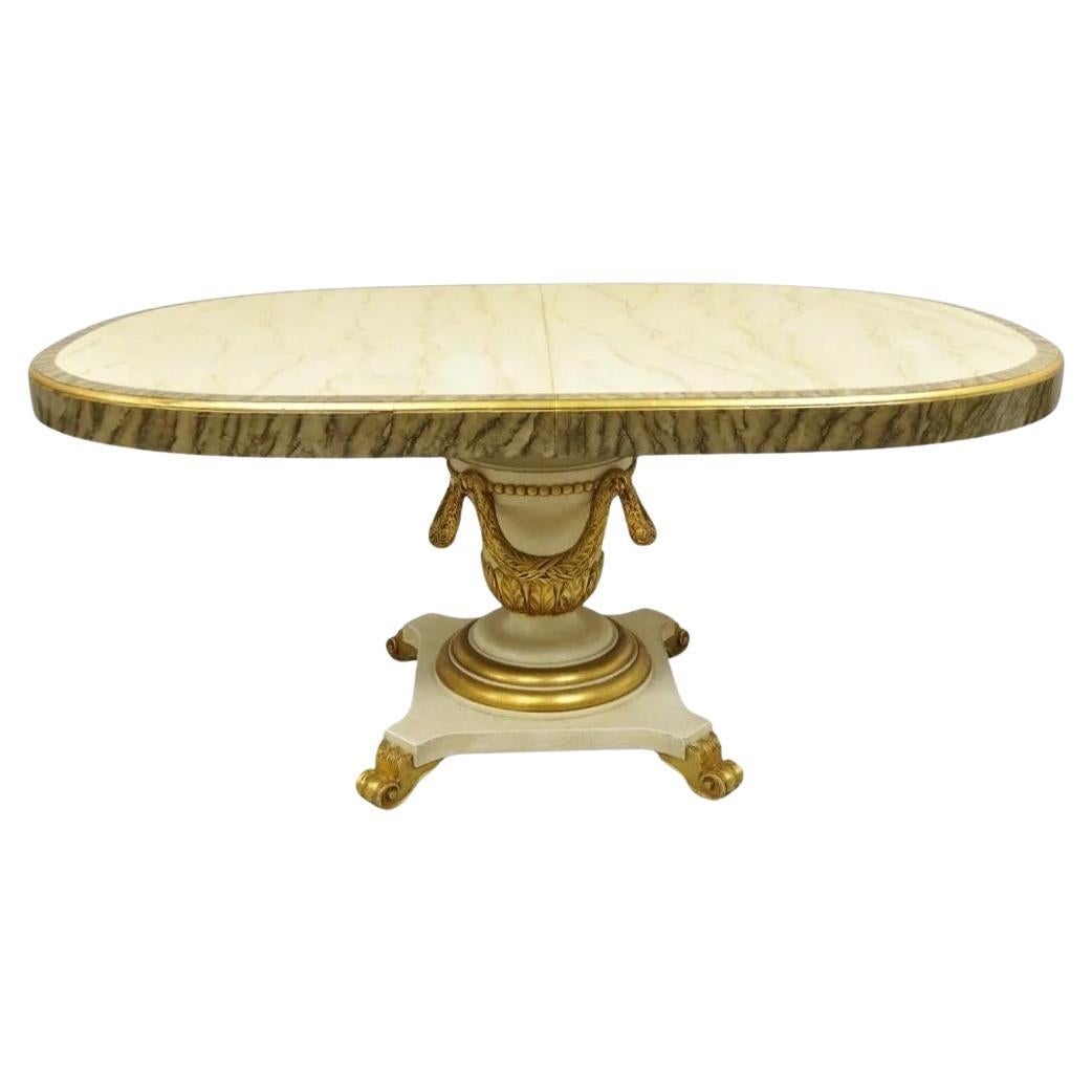Italian Regency Cream & Gold Gilt Lacquered Urn Pedestal Dining Table - 3 Leaves For Sale