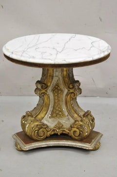 Italian Regency Florentine Carved Wood 18" Round Marble Top Pedestal Side Table