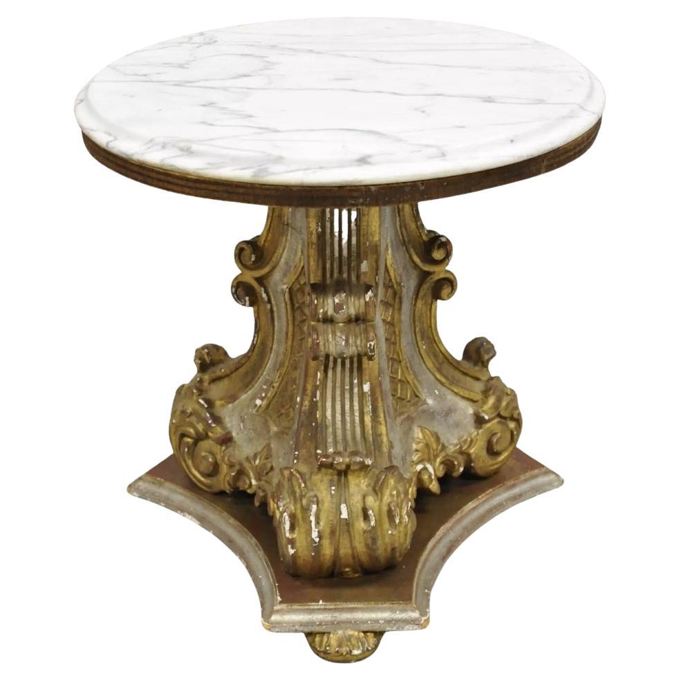 Regencia Italiana Florentina Madera Tallada 18" Mesa Auxiliar Redonda con Pedestal y Tapa de Mármol