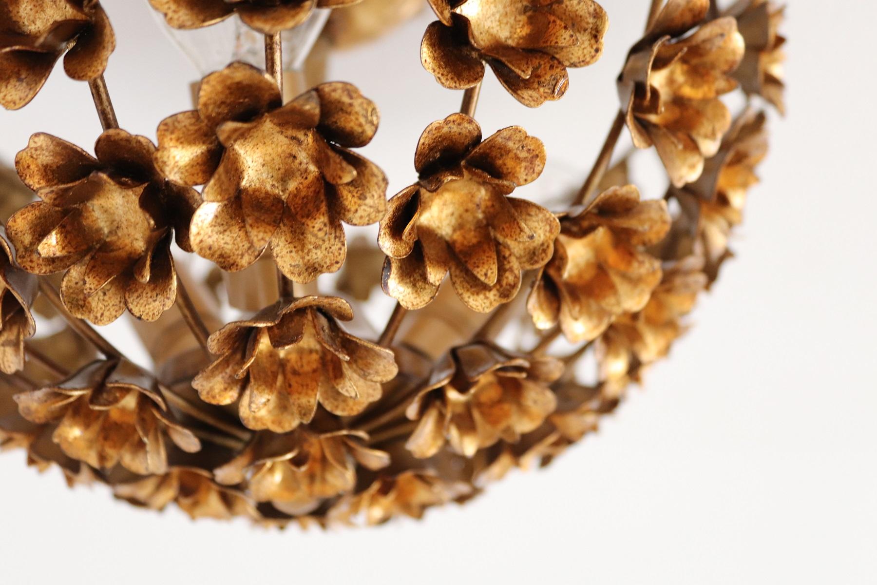 Italian Regency Flush Mount Lighting with Gilt Flowers, 1960s 4