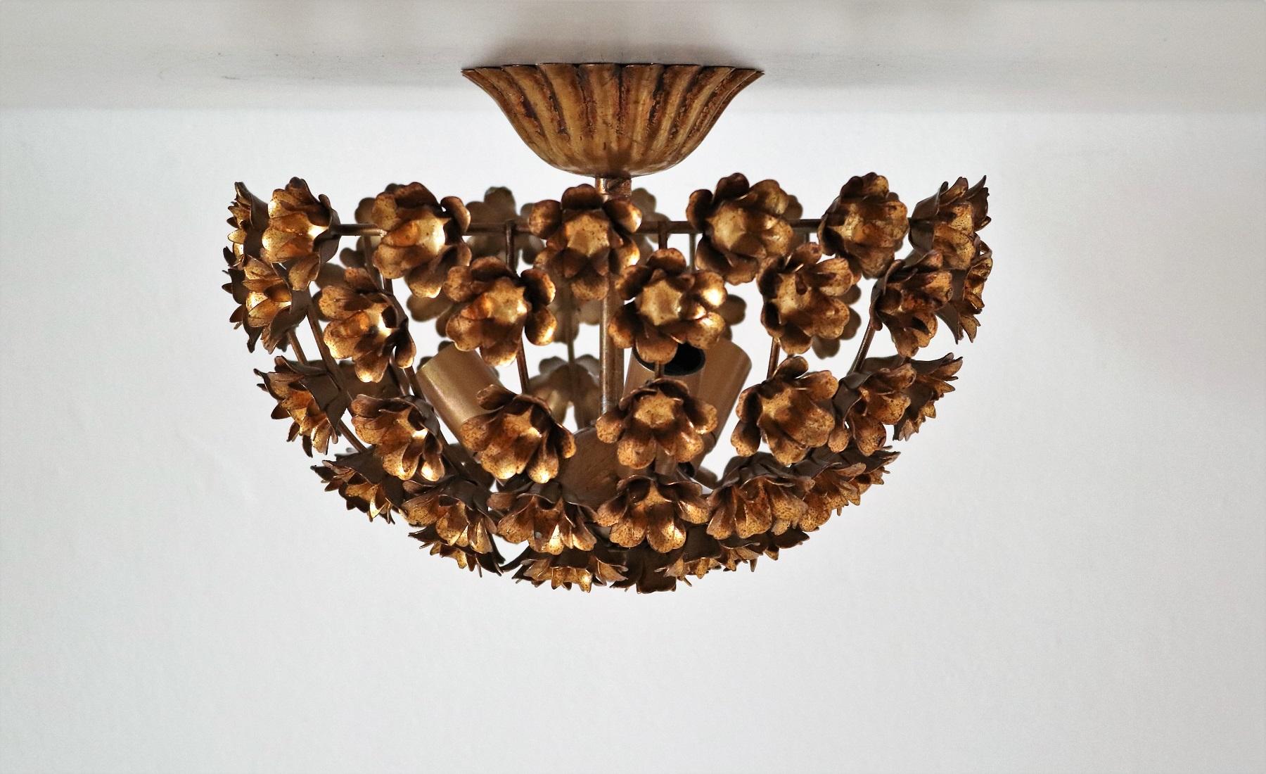 Italian Regency Flush Mount Lighting with Gilt Flowers, 1960s 10