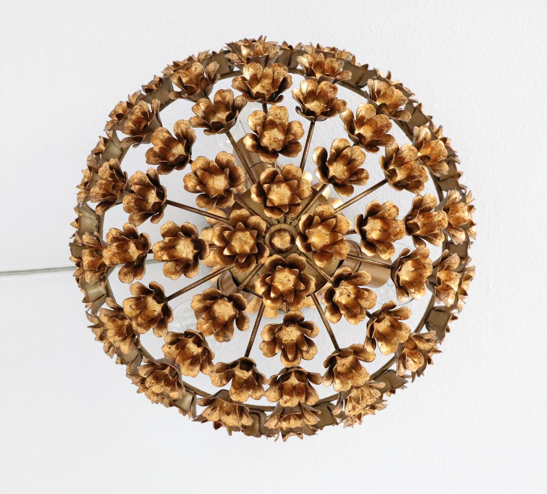 20th Century Italian Regency Flush Mount Lighting with Gilt Flowers, 1960s