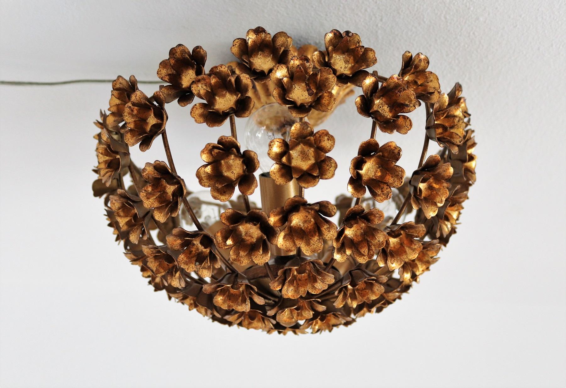 Italian Regency Flush Mount Lighting with Gilt Flowers, 1960s 2