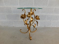 Italian Regency Gilt Gold Metal Base Round Glass Top Accent Table