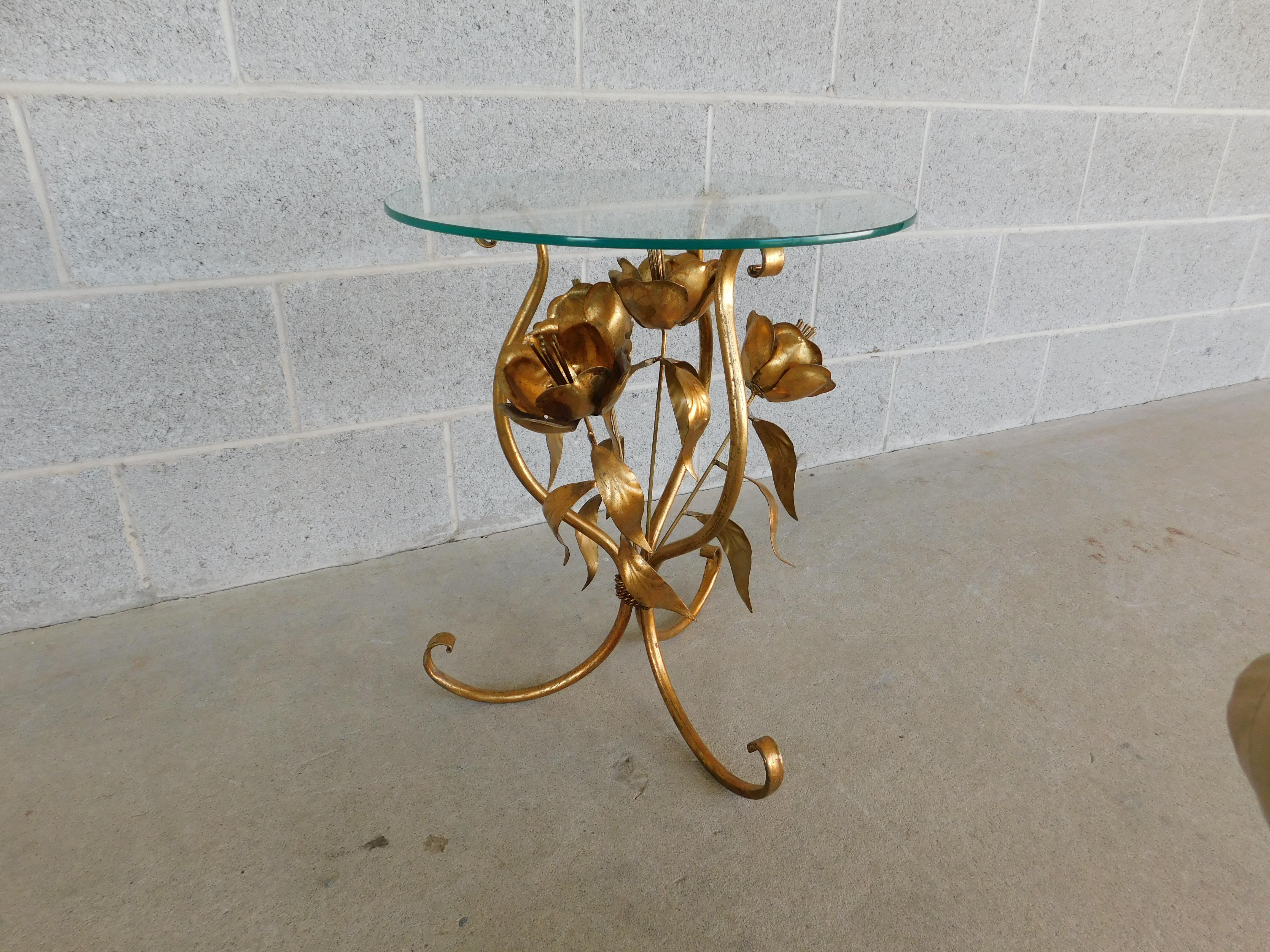 Italian Regency Gilt Gold Metal Base Round Glass Top Accent Table For Sale 2