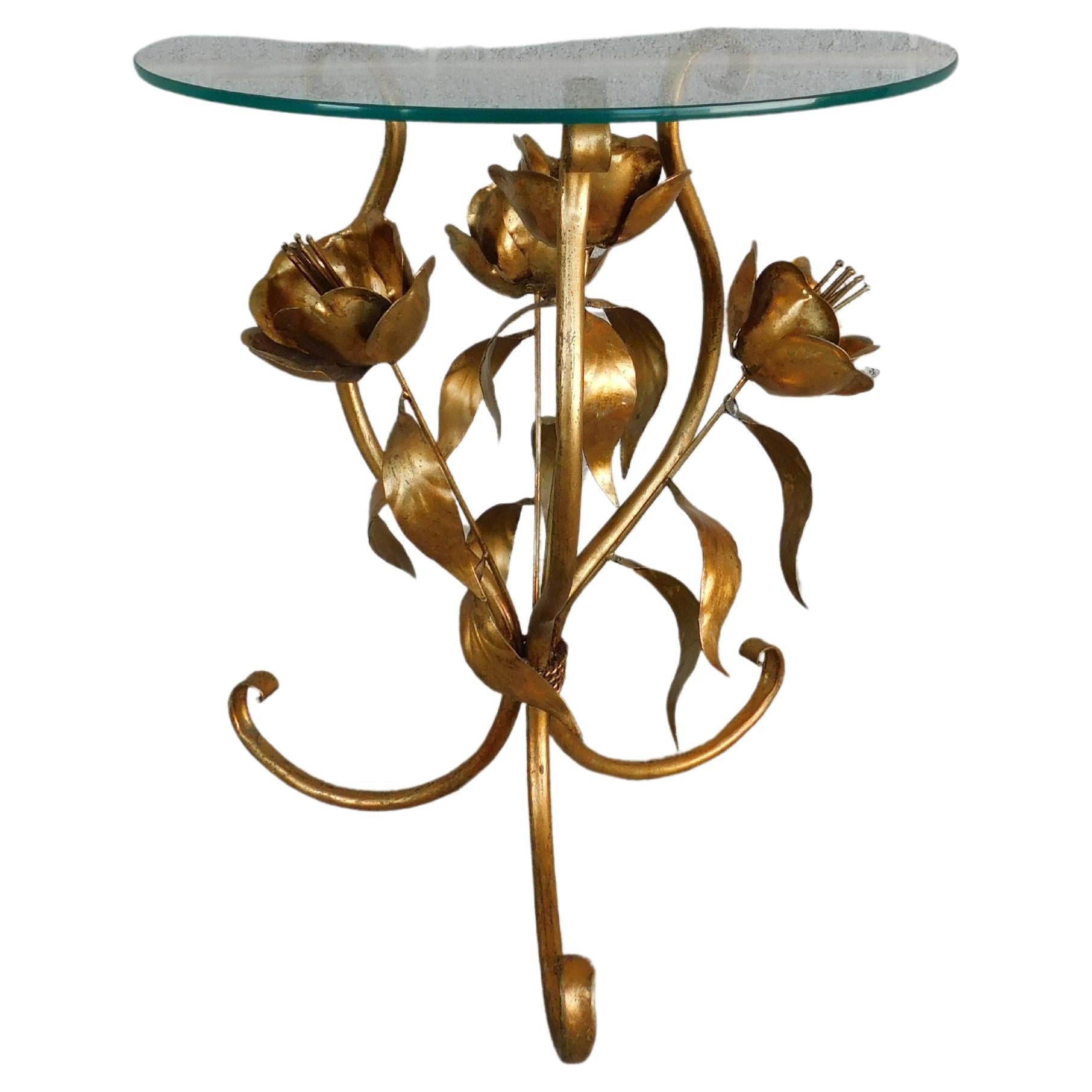 Italian Regency Gilt Gold Metal Base Round Glass Top Accent Table