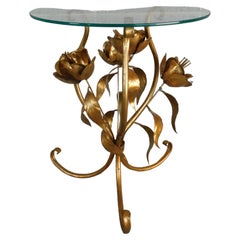 Italian Regency Gilt Gold Metal Base Round Glass Top Accent Table