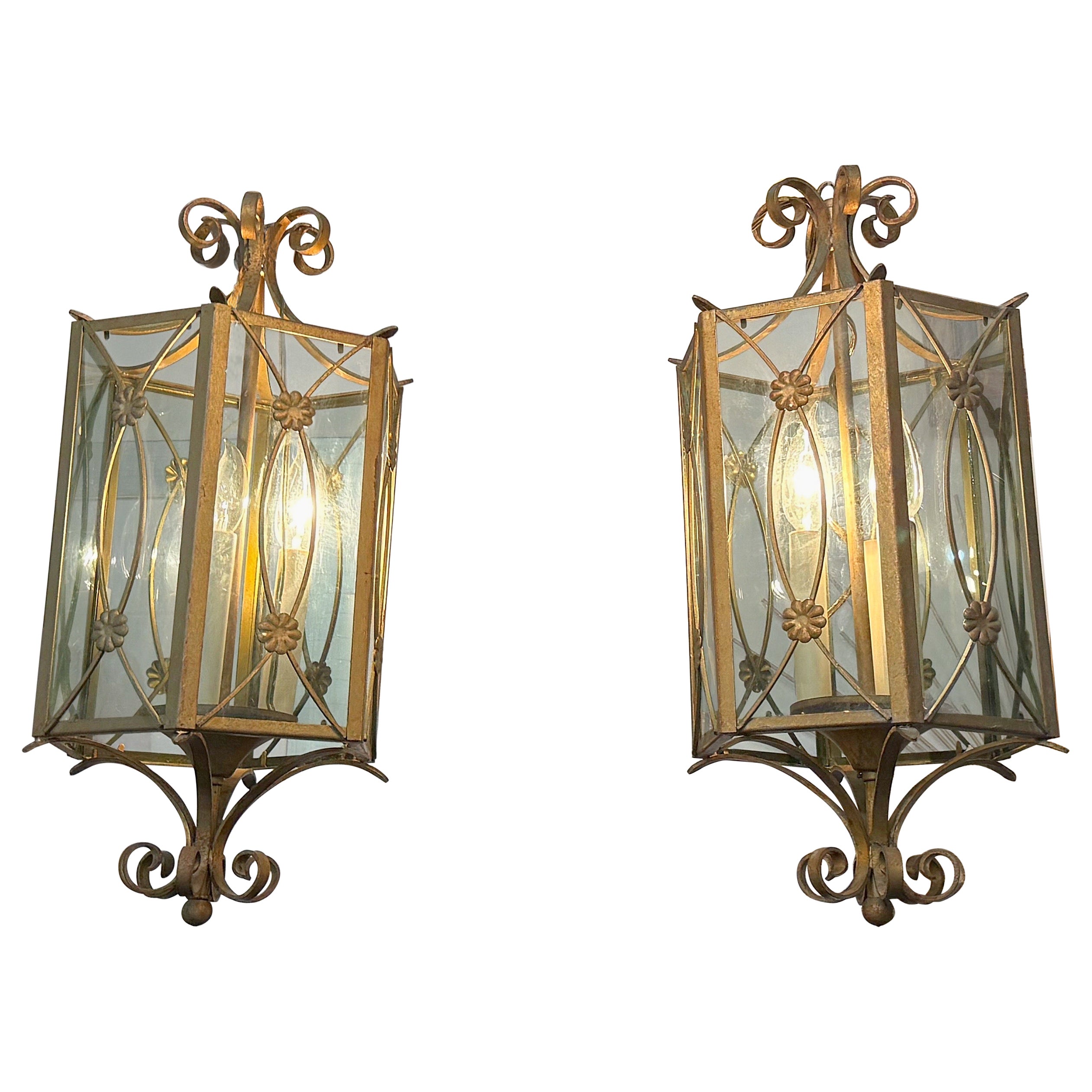 Italian Regency gilt Iron Glass Hexagon Lantern Fixtures For Sale
