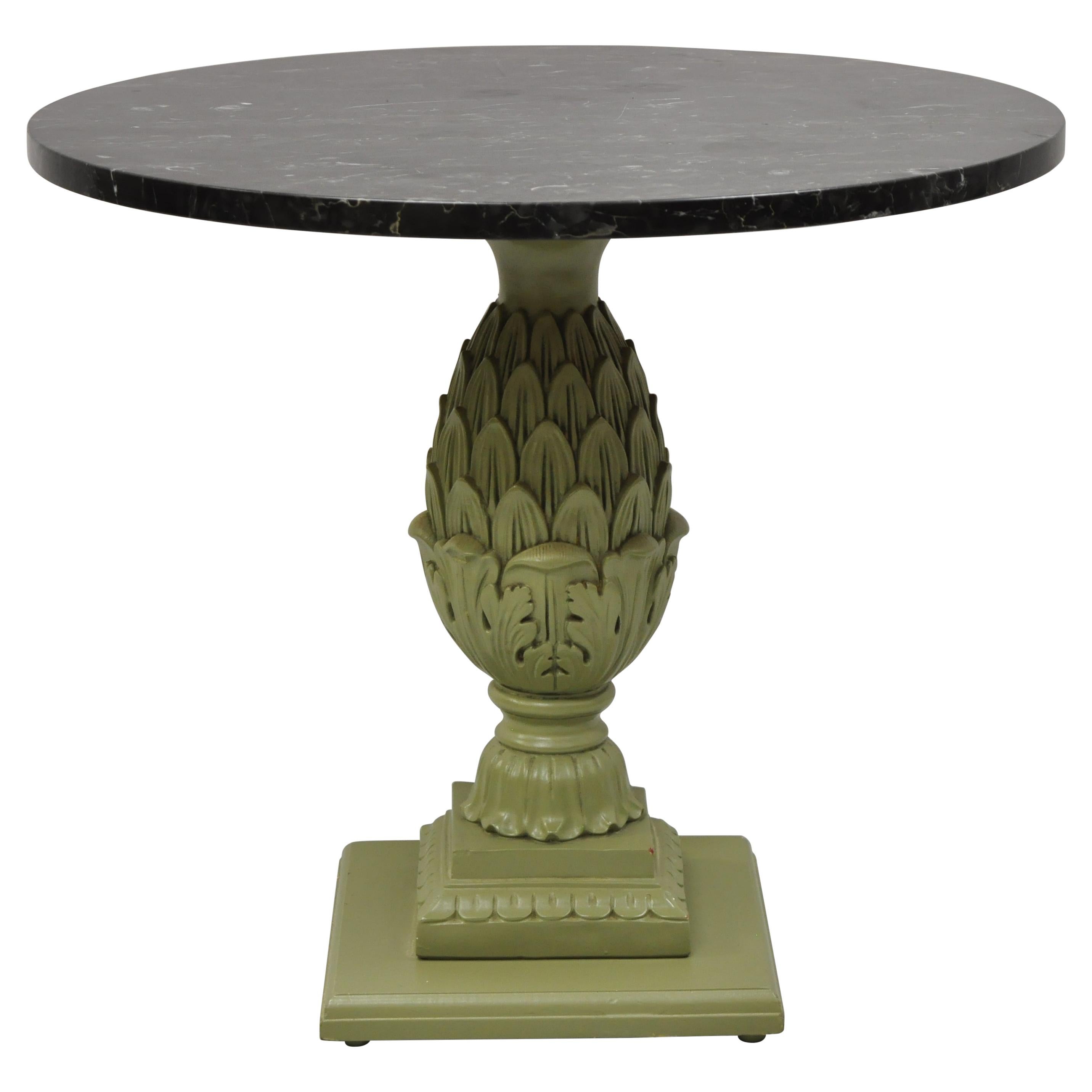 Italian Regency Green Pineapple Pedestal Base Round Marble Top Accent Side Table
