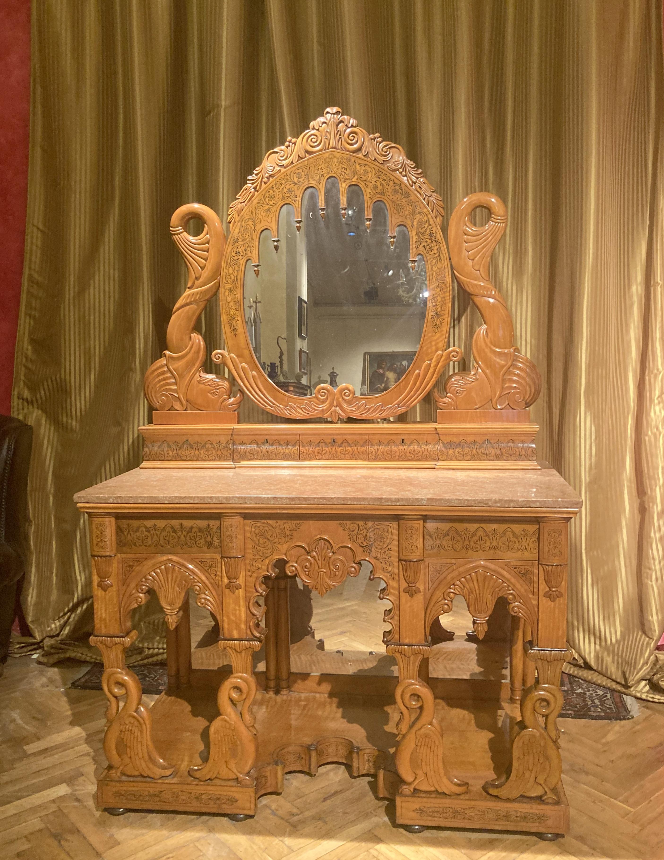 This Italian Regency period pier console or dressing table with swivel mirror and marble top is made of solid and burl maple wood and it's a one of a kind piece that expresses the joint result of Italian high end cabinet-making and design mastery