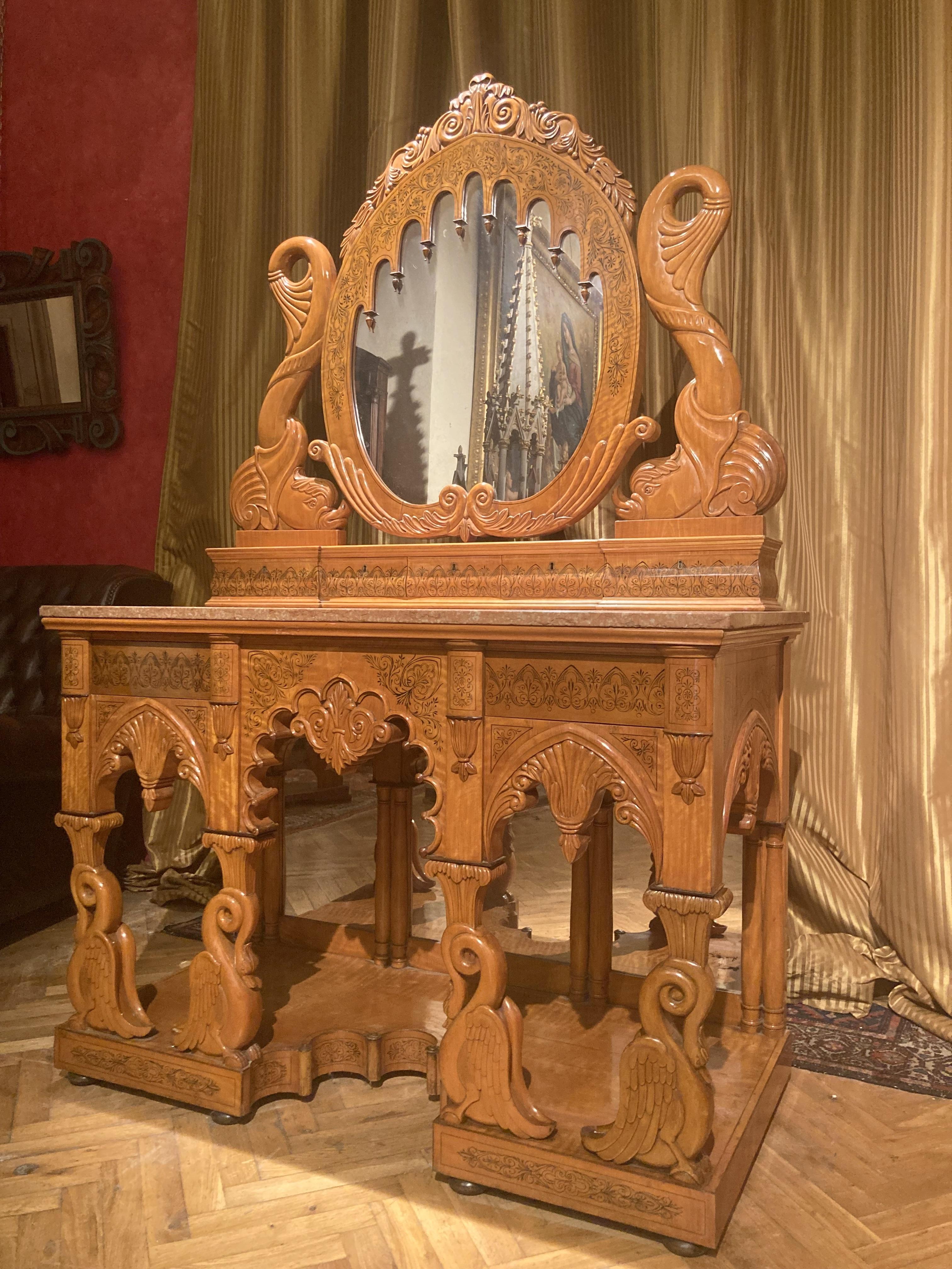 Italian Regency Hand Carved Maple Pier Console or Dressing Table with Mirror For Sale 1