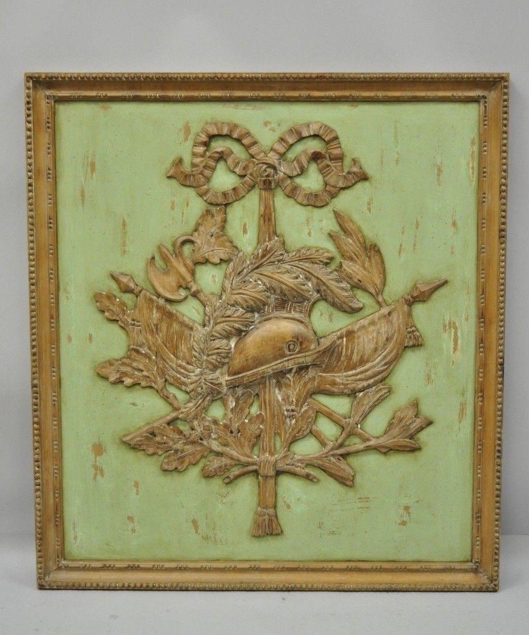 Italian Regency Hand-Carved Wood Coat of Arms Green Wall Plaque Art Frame Panel 8