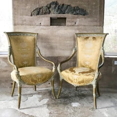Hollywood Regency French Louis XV Silk Armchairs Mahogany & Gilt