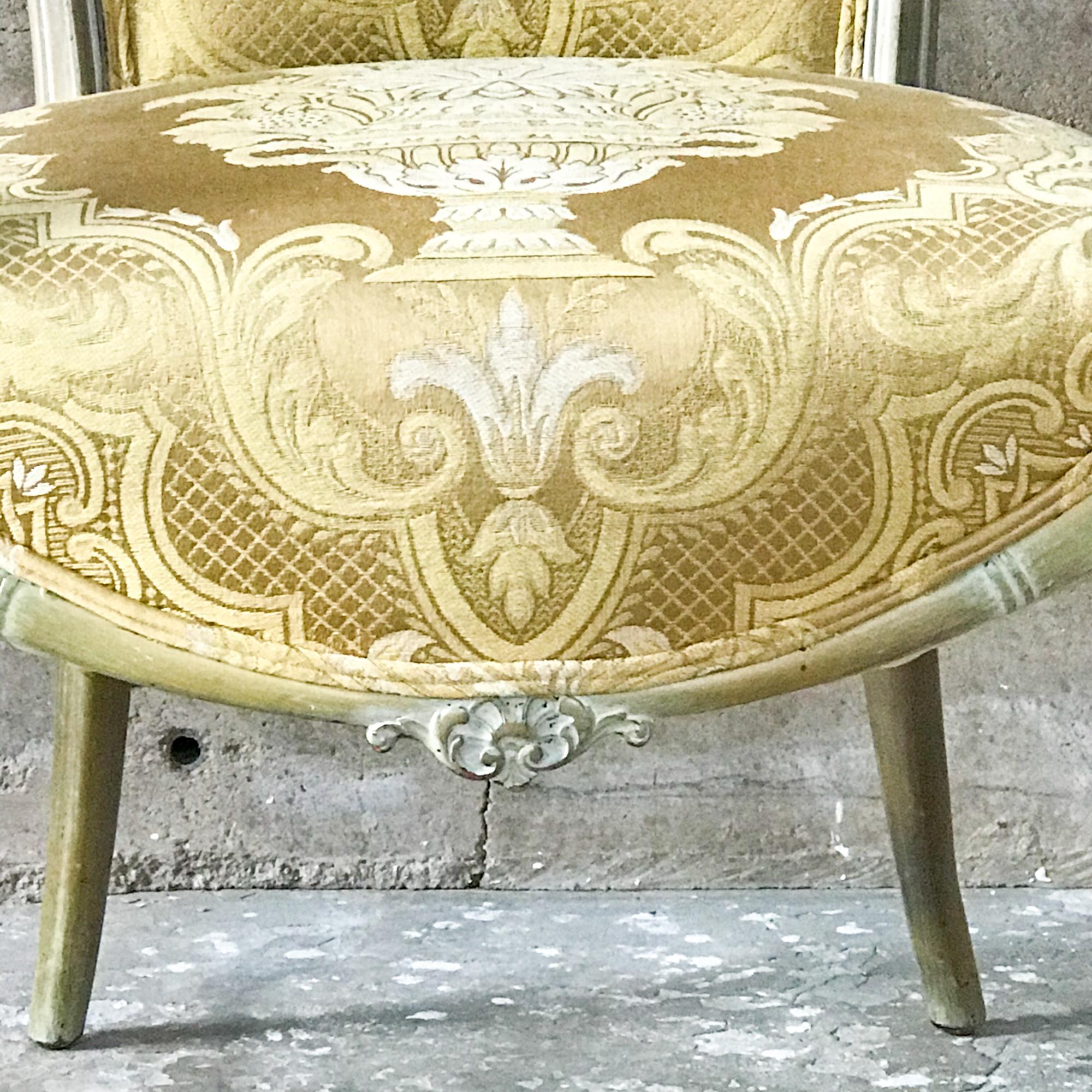 Mid-20th Century Sophisticated Italian Regency Louis XV Gold Silk Armchairs Mahogany & Gold Leaf For Sale