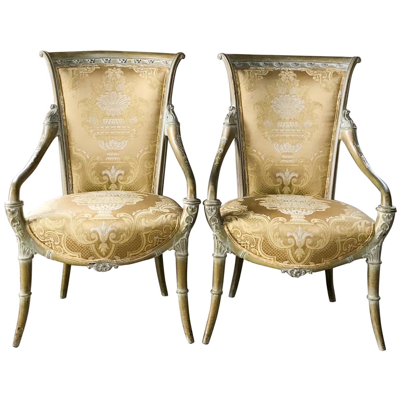 Sophisticated Italian Regency Louis XV Gold Silk Armchairs Mahogany & Gold Leaf For Sale