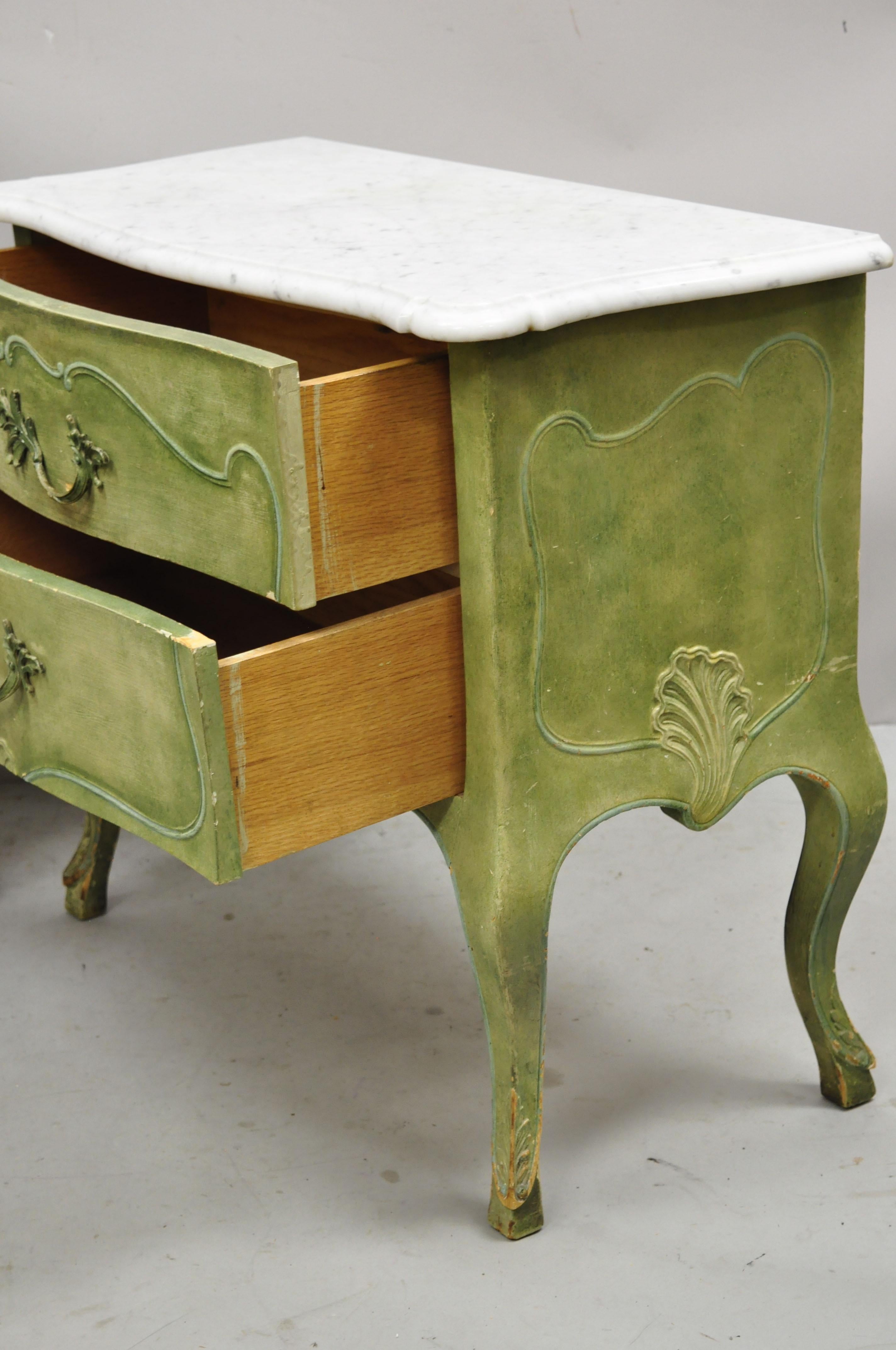 Italian Regency Marble Top Green Distress Painted Commode Nightstands, a Pair 6