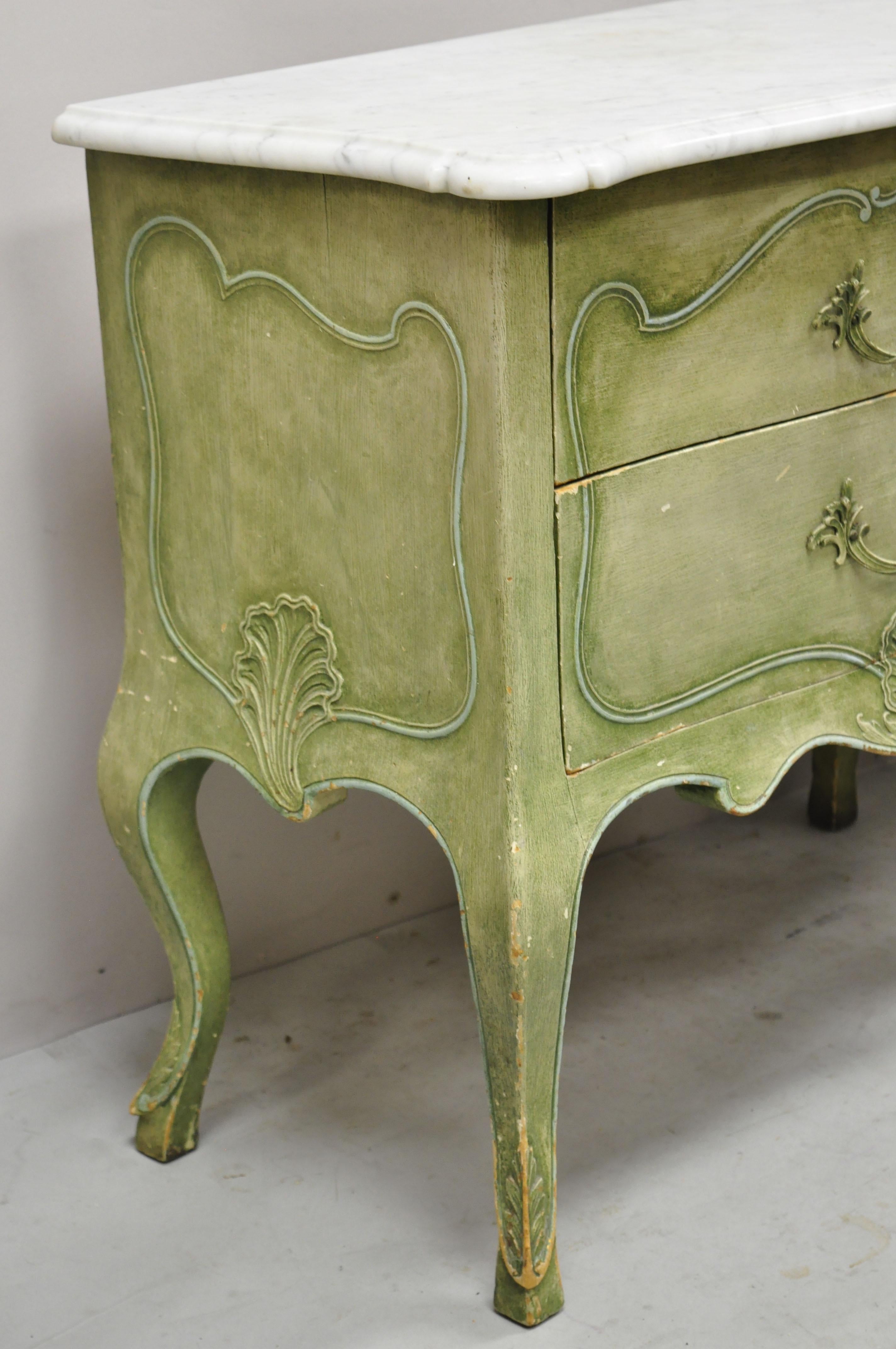Italian Regency Marble Top Green Distress Painted Commode Nightstands, a Pair 7