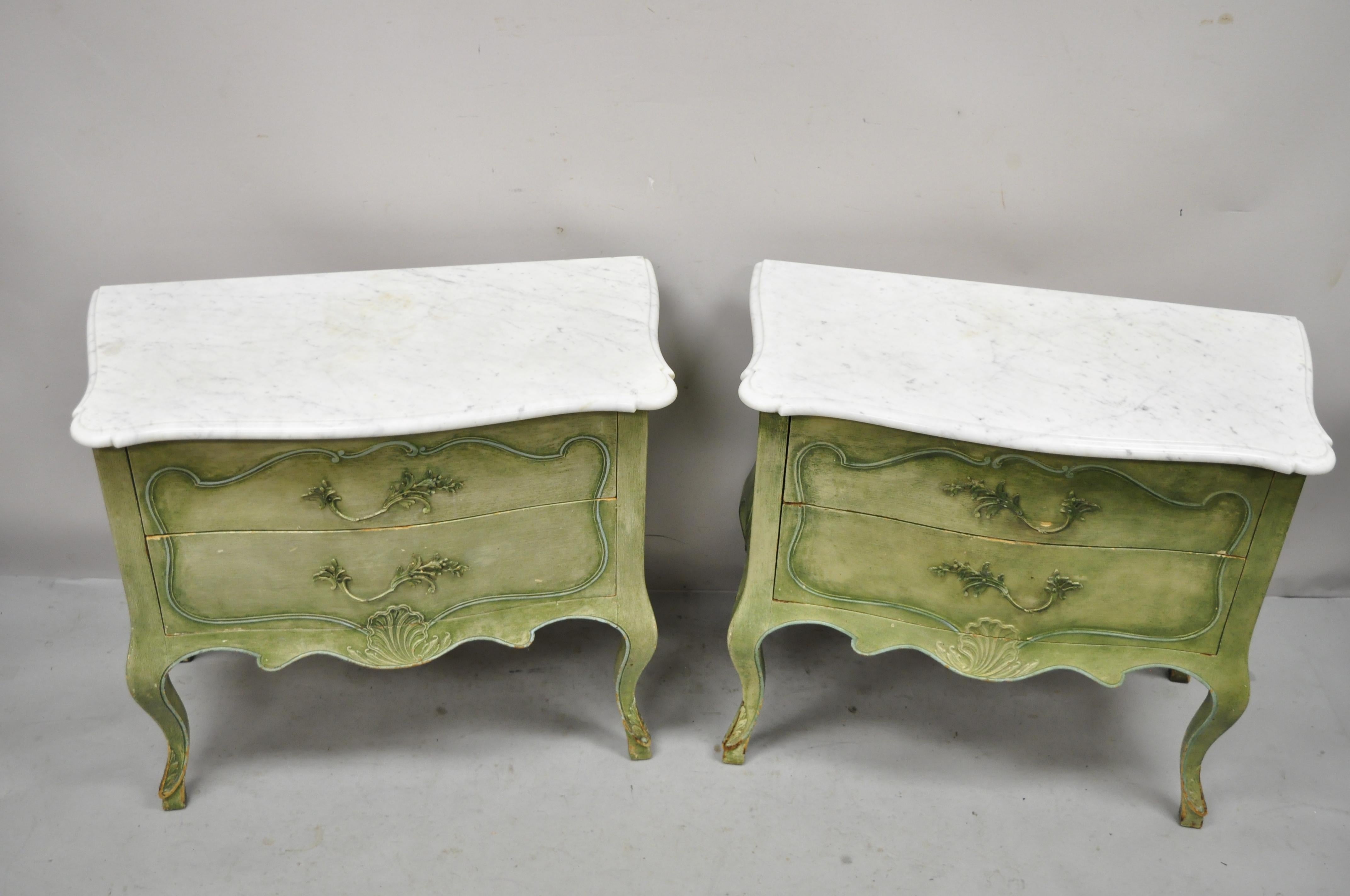 Italian Regency Marble Top Green Distress Painted Commode Nightstands, a Pair 8