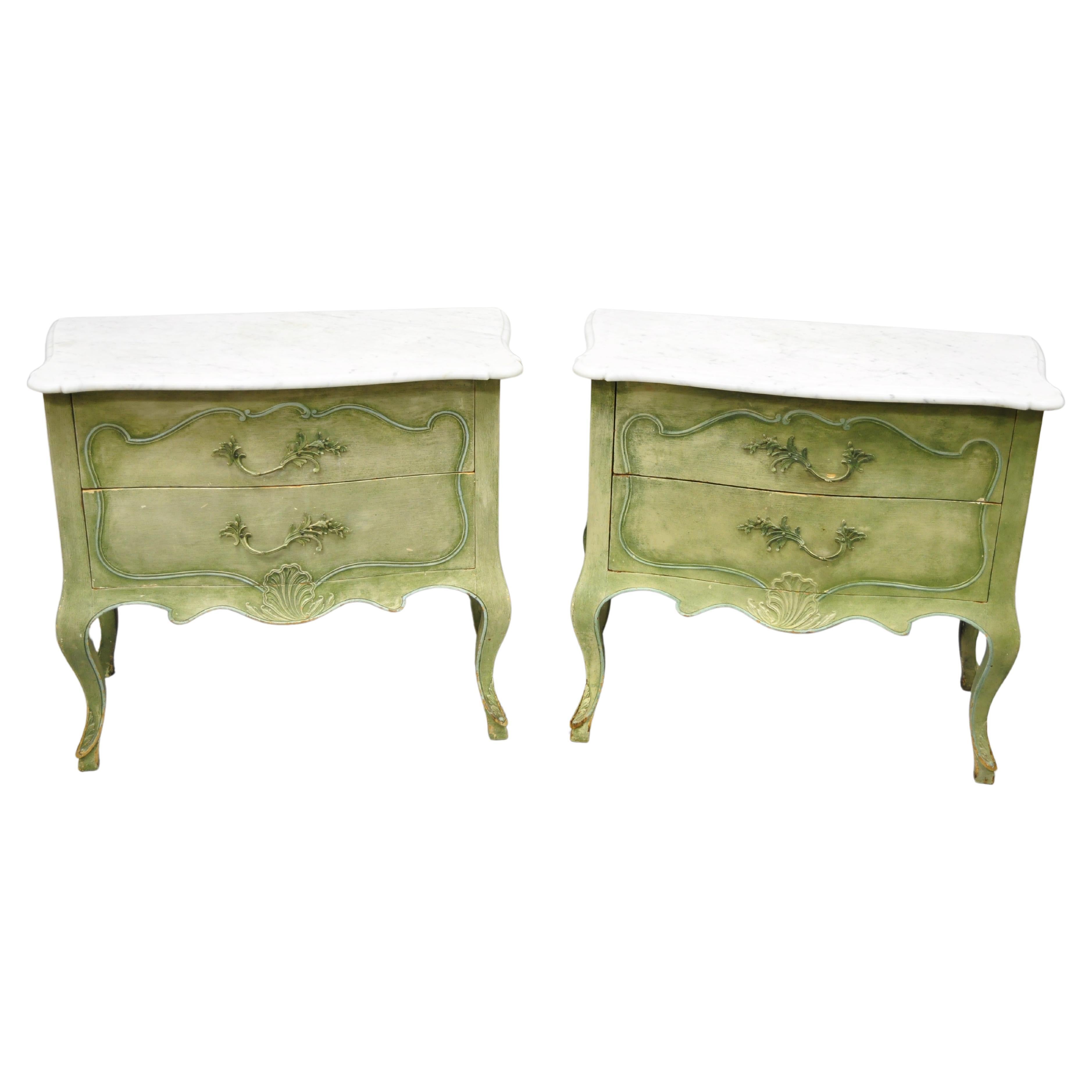 Vintage Italian Regency marble top green distress painted commode nightstands - a pair. Item features shaped marble tops, green distress painted finish, cabriole legs, solid brass hardware, very nice antique pair, great style and form. Circa mid