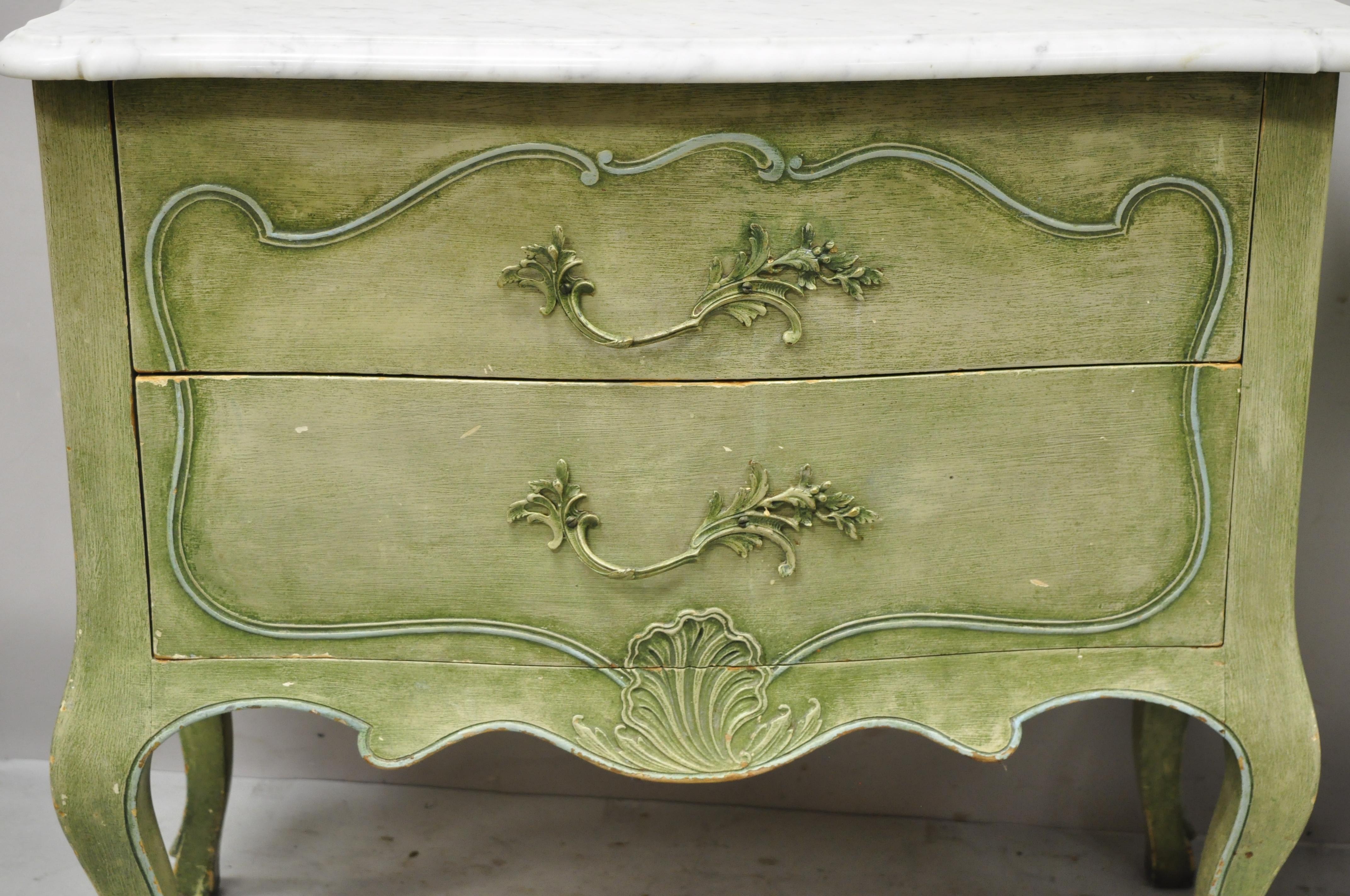 Italian Regency Marble Top Green Distress Painted Commode Nightstands, a Pair In Good Condition In Philadelphia, PA