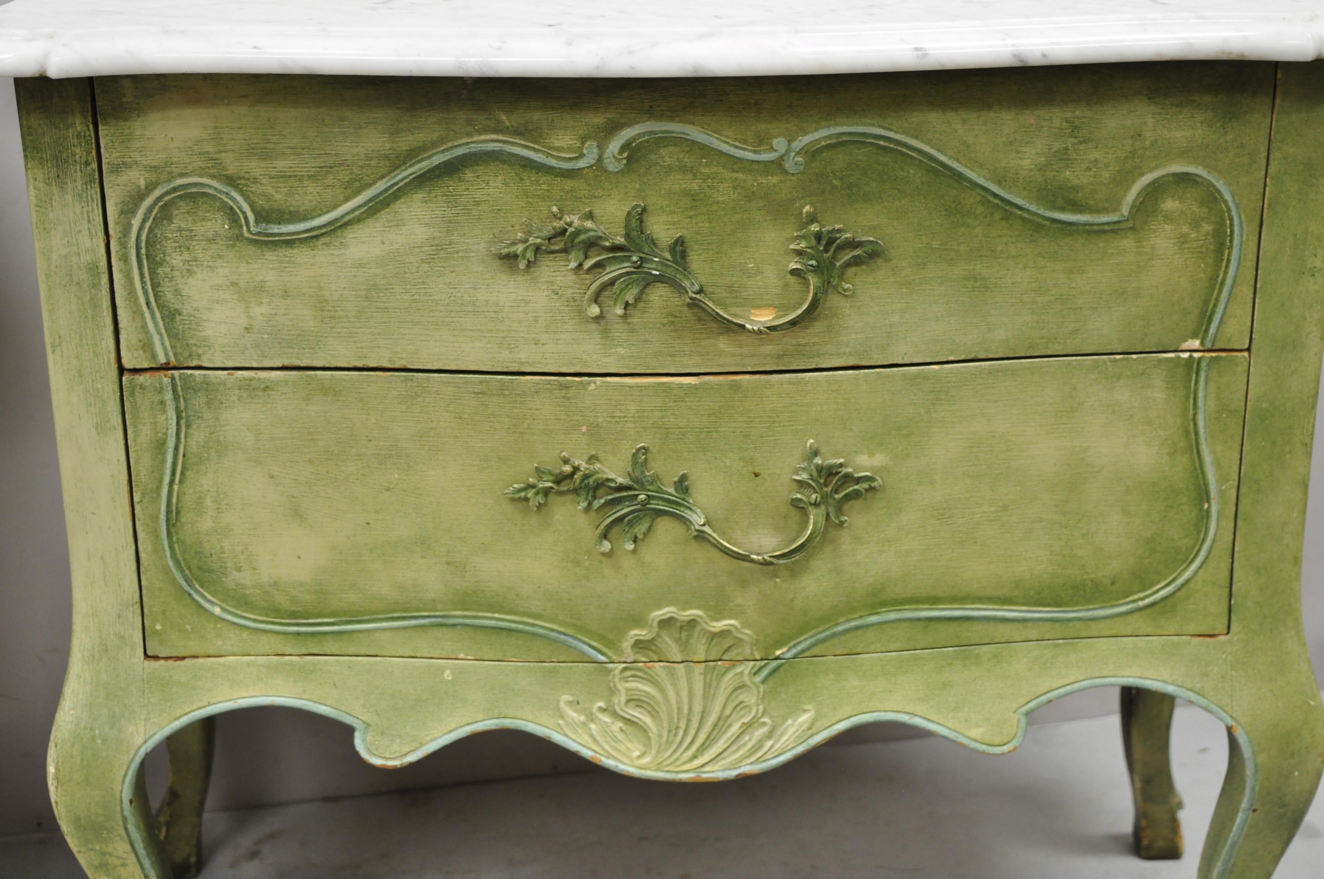 20th Century Italian Regency Marble Top Green Distress Painted Commode Nightstands, a Pair