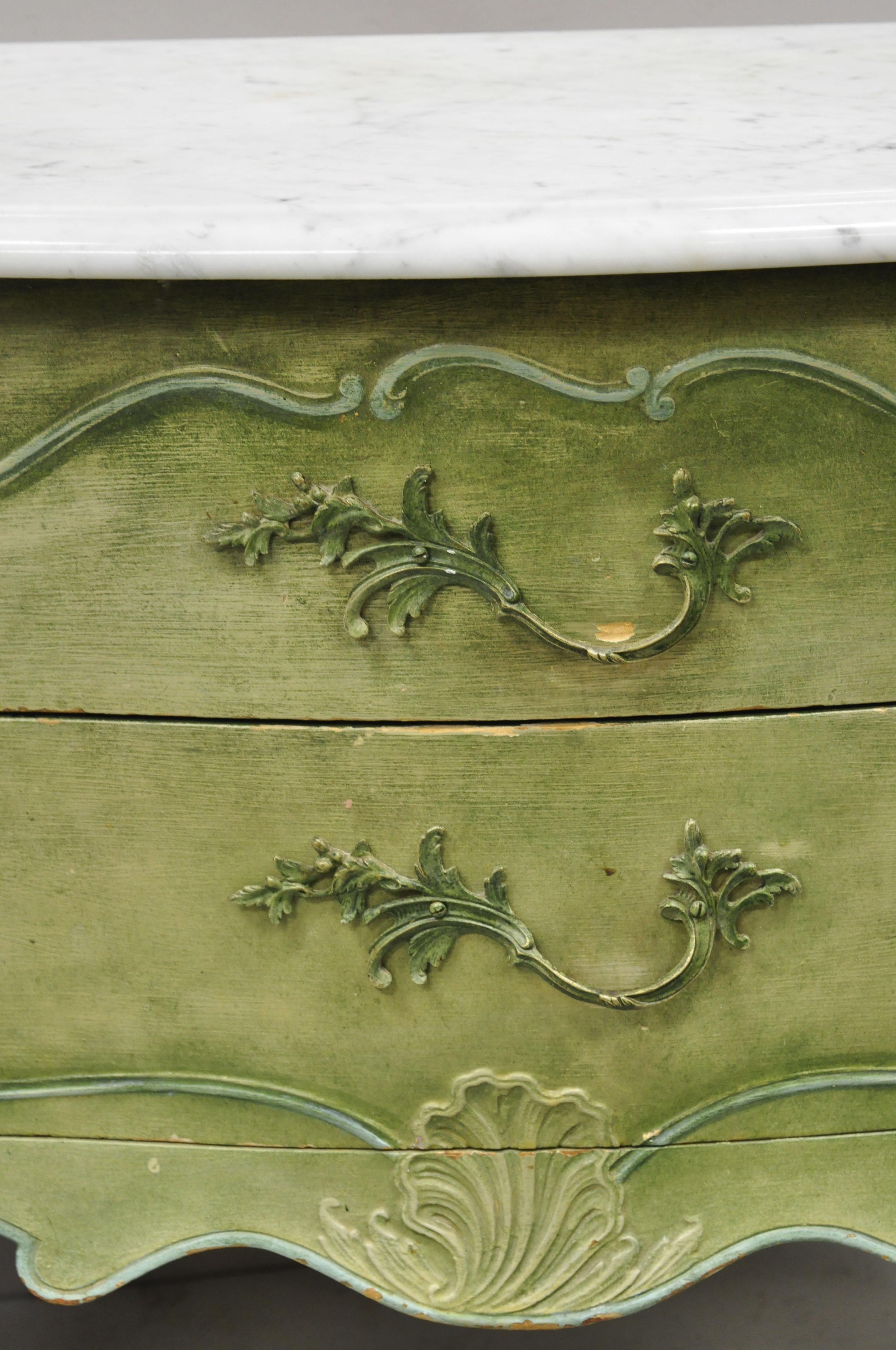 Italian Regency Marble Top Green Distress Painted Commode Nightstands, a Pair 1