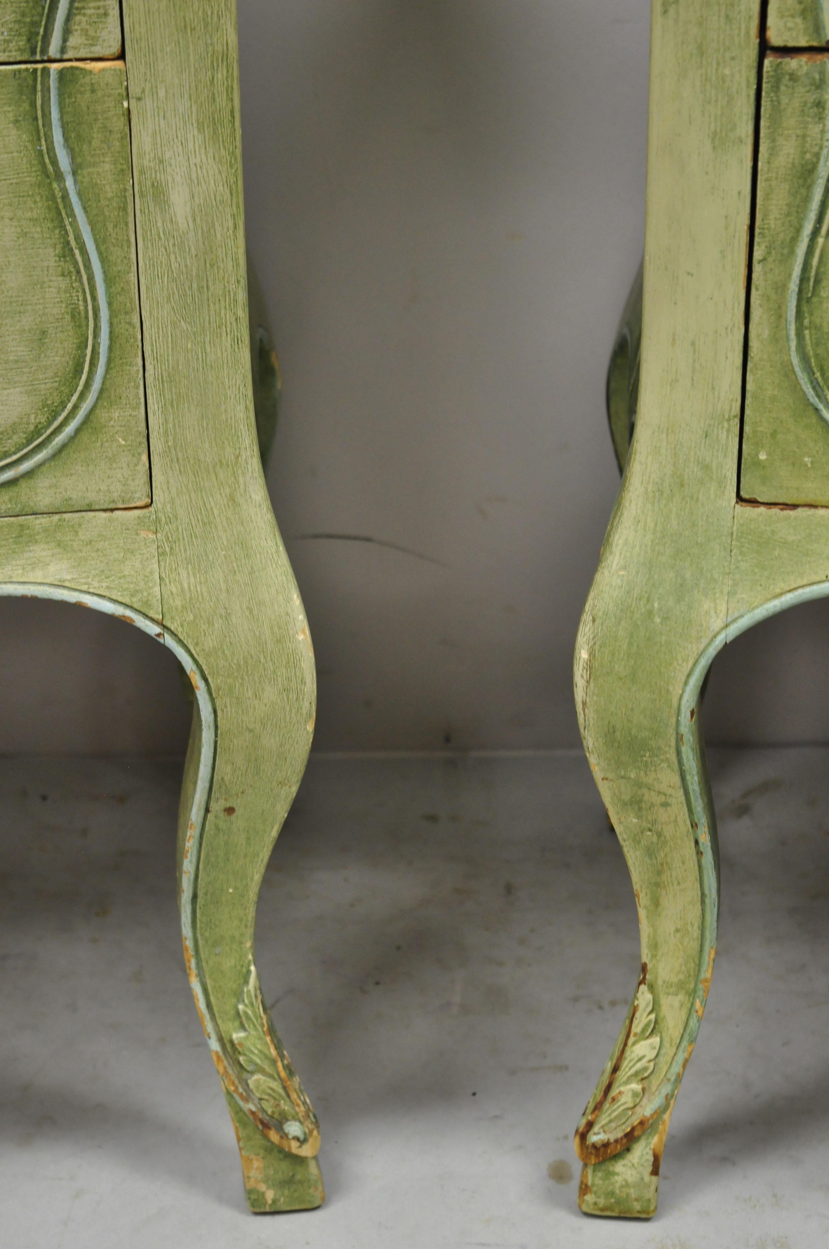 Italian Regency Marble Top Green Distress Painted Commode Nightstands, a Pair 5