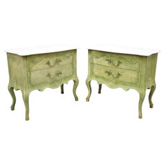 Italian Regency Marble Top Green Distress Painted Commode Nightstands, a Pair