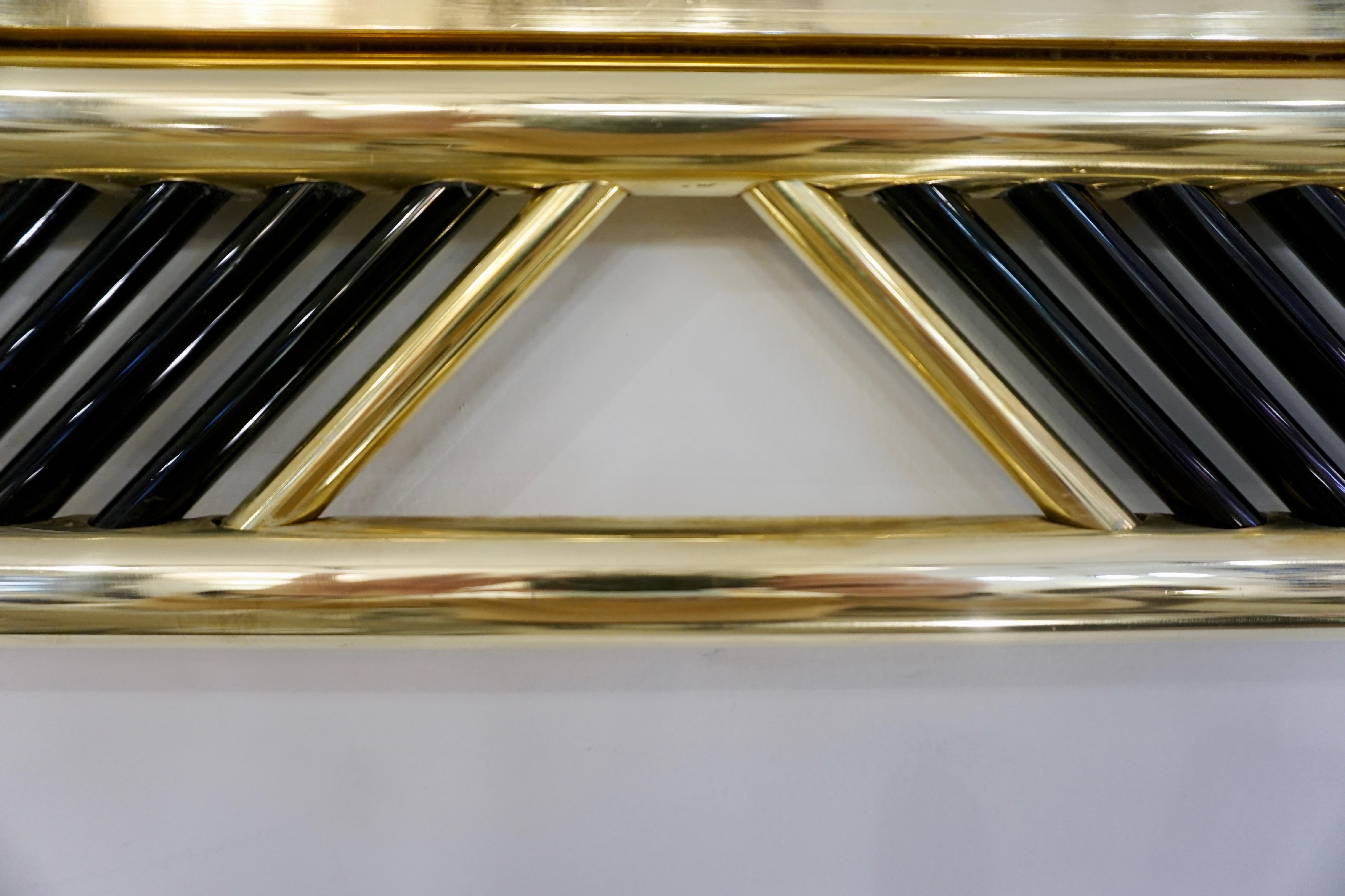 Hand-Crafted Italian Regency Modern Brass Geometric Mirror with Black Murano Glass Baguettes