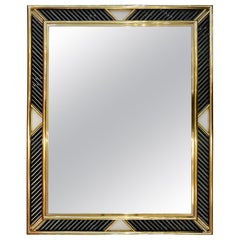 Italian Regency Modern Brass Geometric Mirror with Black Murano Glass Baguettes