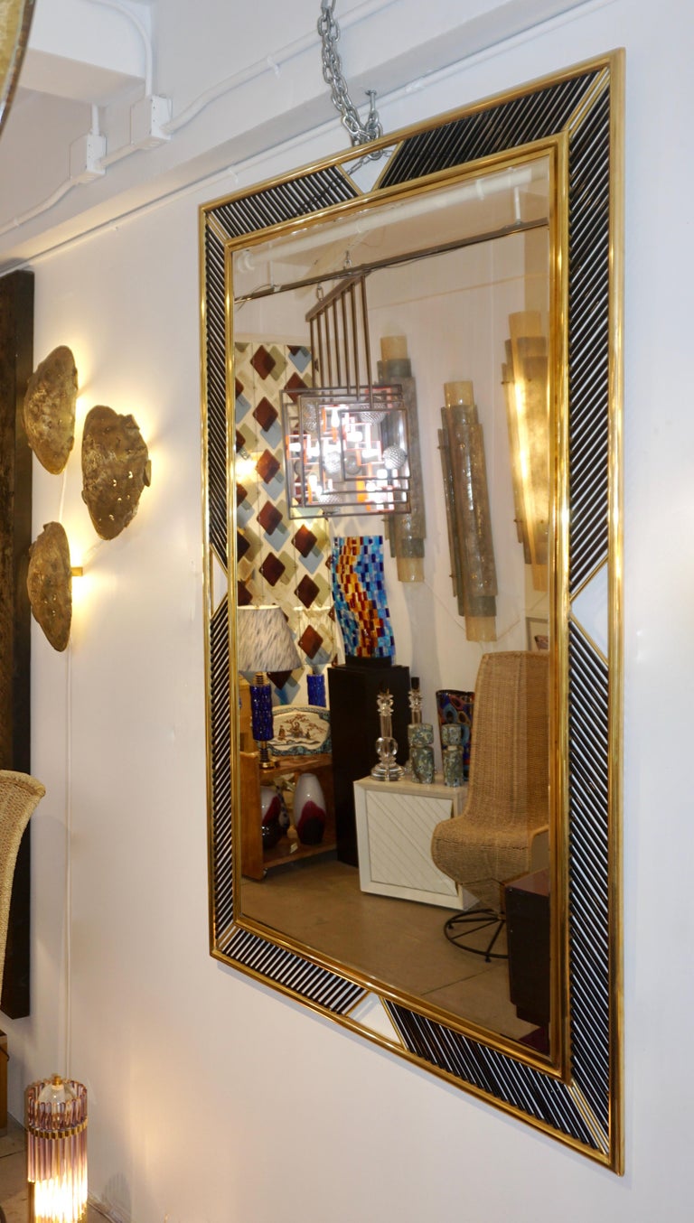 Hand-Crafted Italian Regency Modern Brass Geometric Mirror with Black Murano Glass Baguettes For Sale