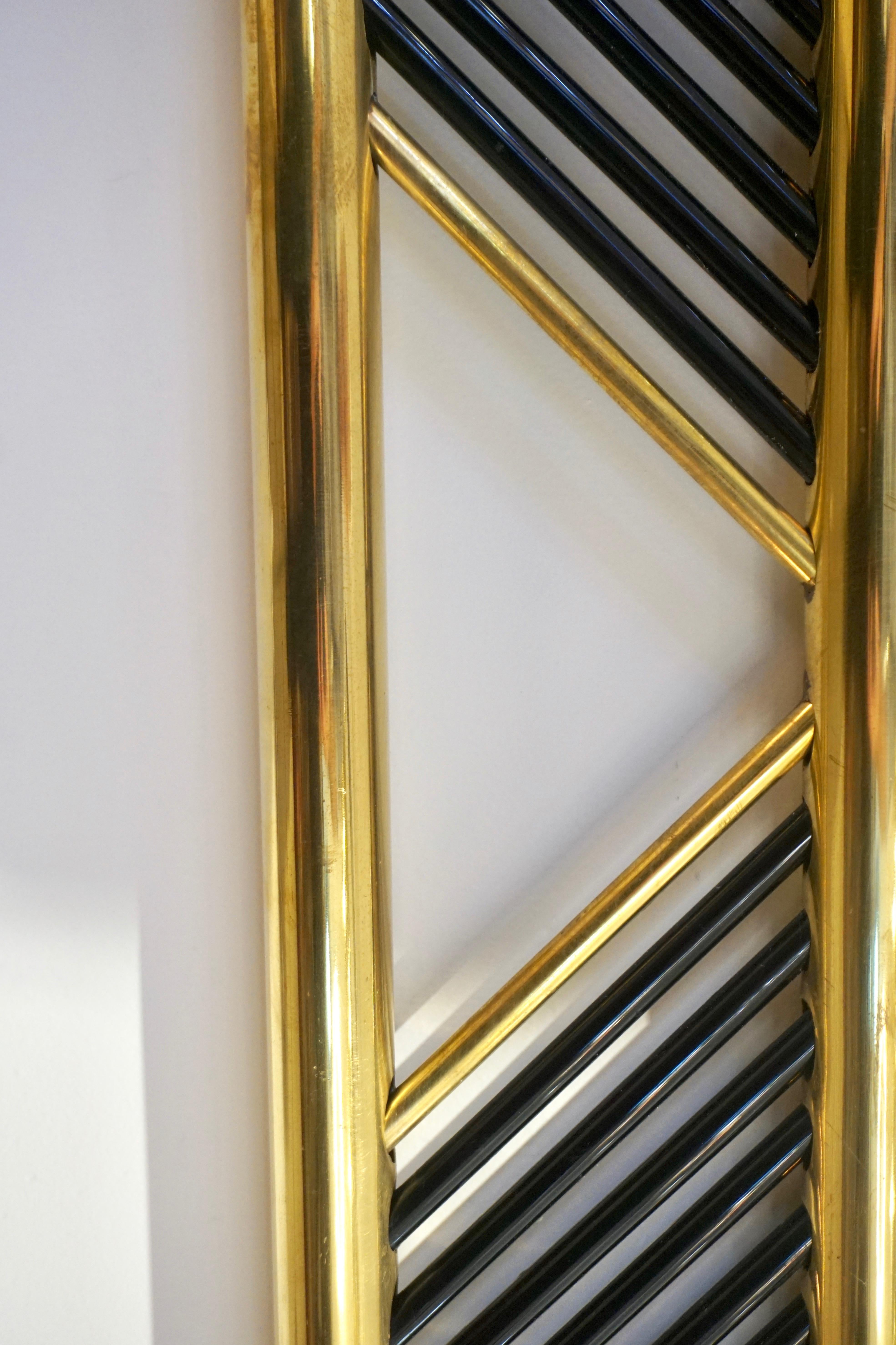 Hand-Crafted Italian Regency Modern Brass Geometric Mirror with Black Murano Glass Baguettes
