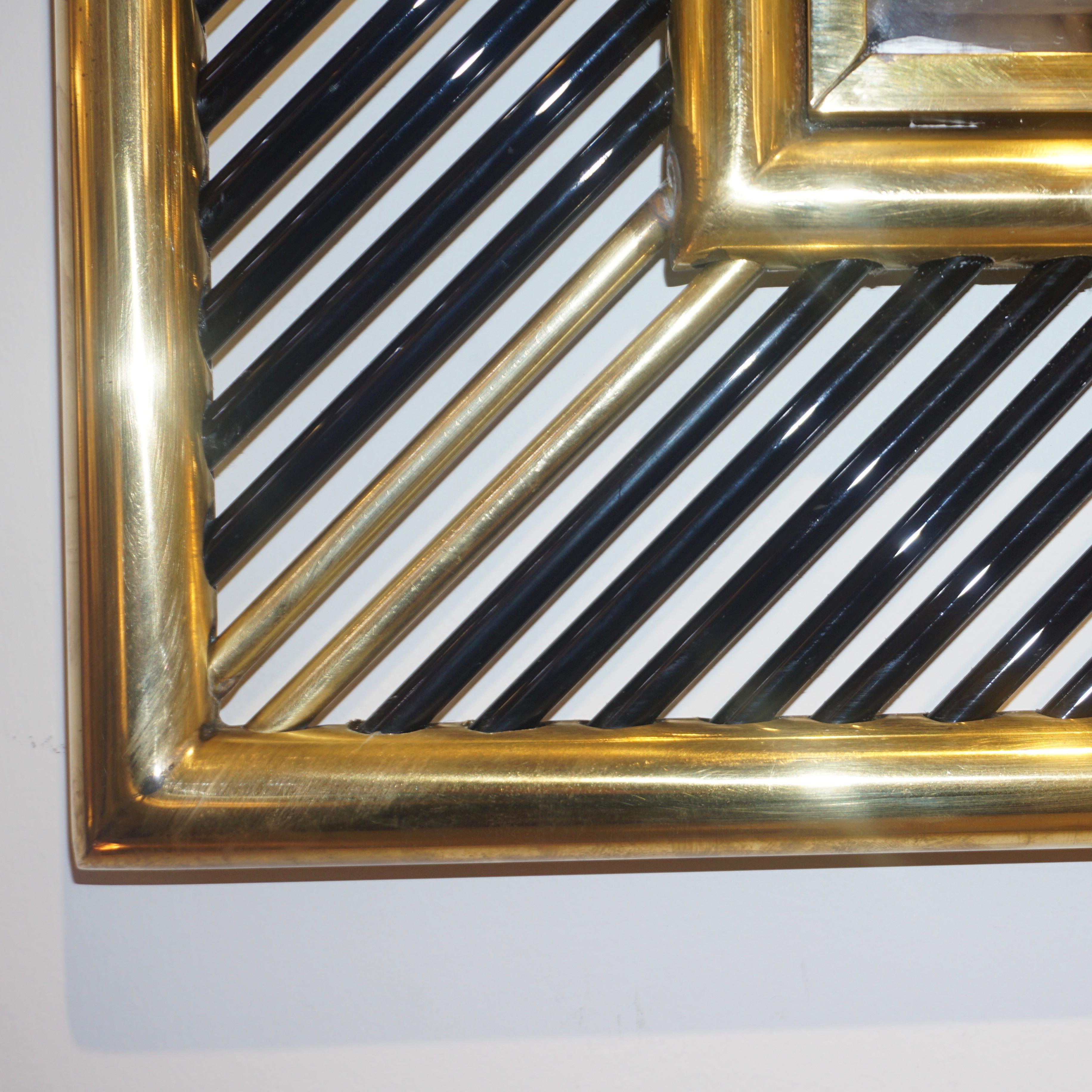 Italian Regency Modern Brass Geometric Mirror with Black Murano Glass Baguettes In New Condition In New York, NY