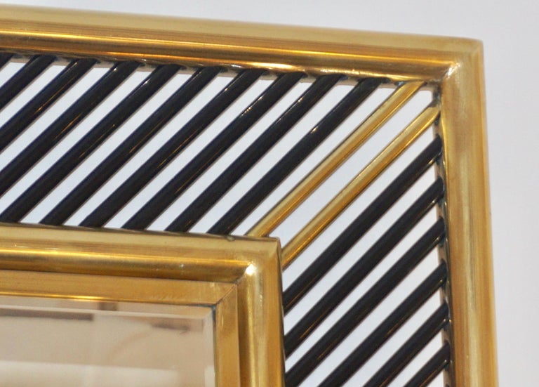 Italian Regency Modern Brass Geometric Mirror with Black Murano Glass Baguettes For Sale 2