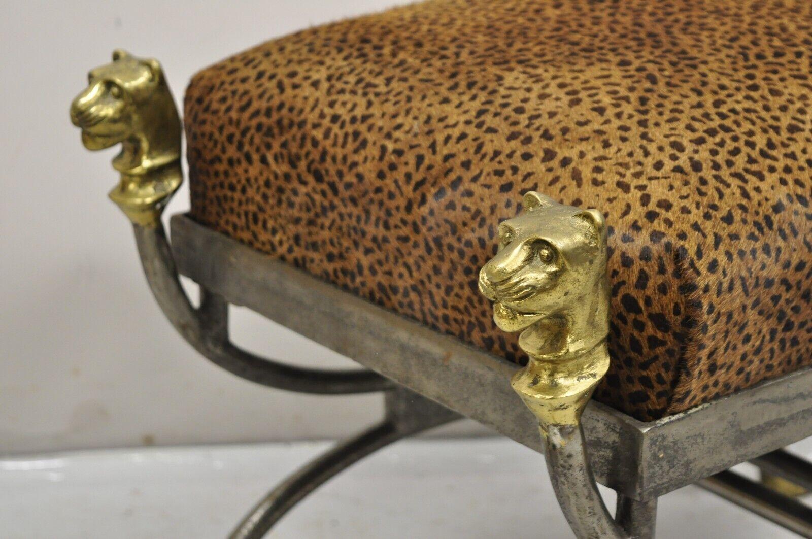 Italian Regency Neoclassical Bronze Lion Head Paw Feet Steel Curule Bench In Good Condition For Sale In Philadelphia, PA