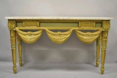 Antique Style Marble Top and Gilt Decorated Green Console Table with Swags