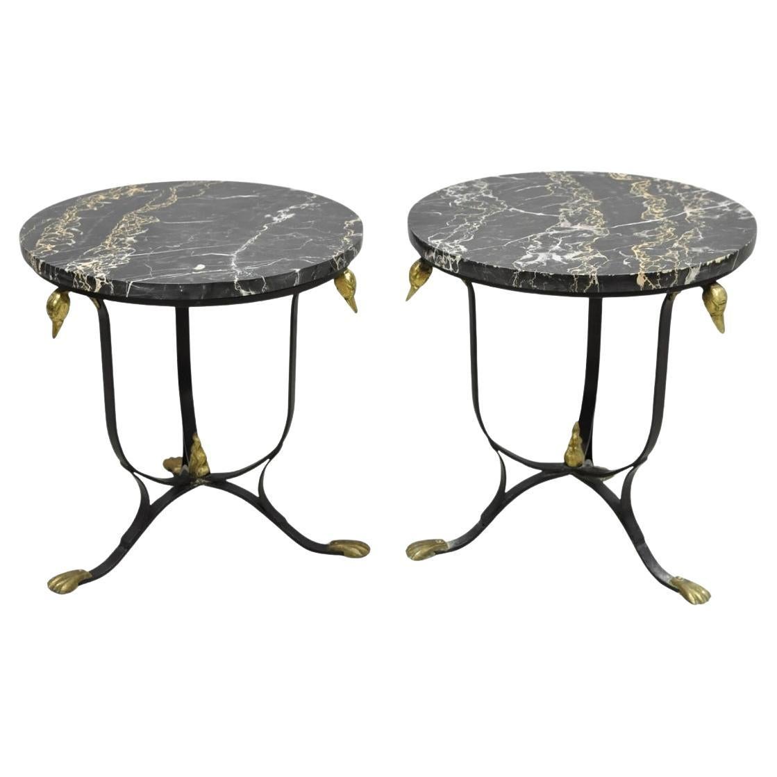 Italian Regency Round Marble Top Wrought Iron Brass Swan Low Drink Table - Pair