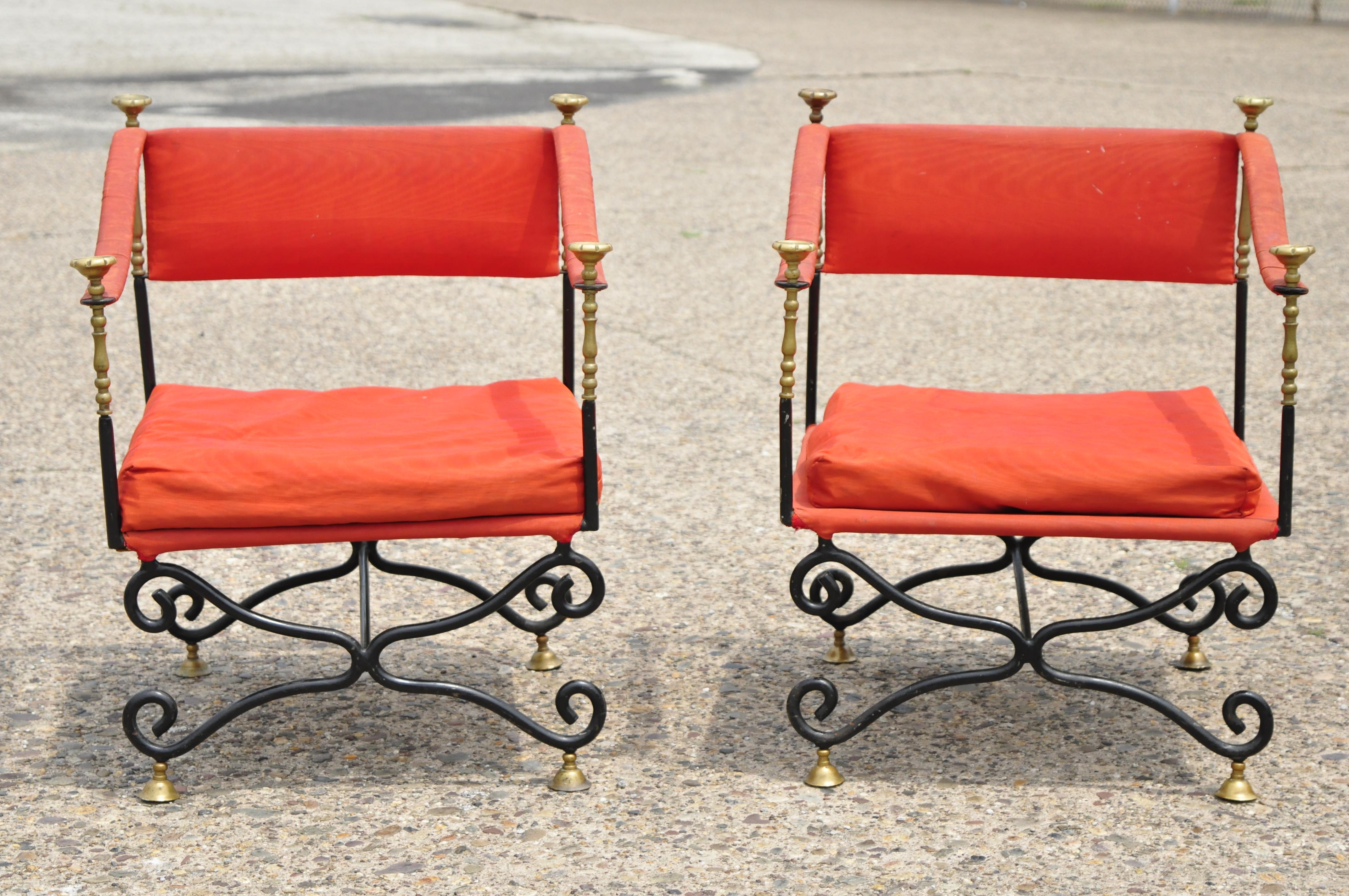 Vintage Italian Regency Savonarola Curule wrought iron throne lounge chairs - a Pair. Item features curule x-form frames, solid brass finials and 