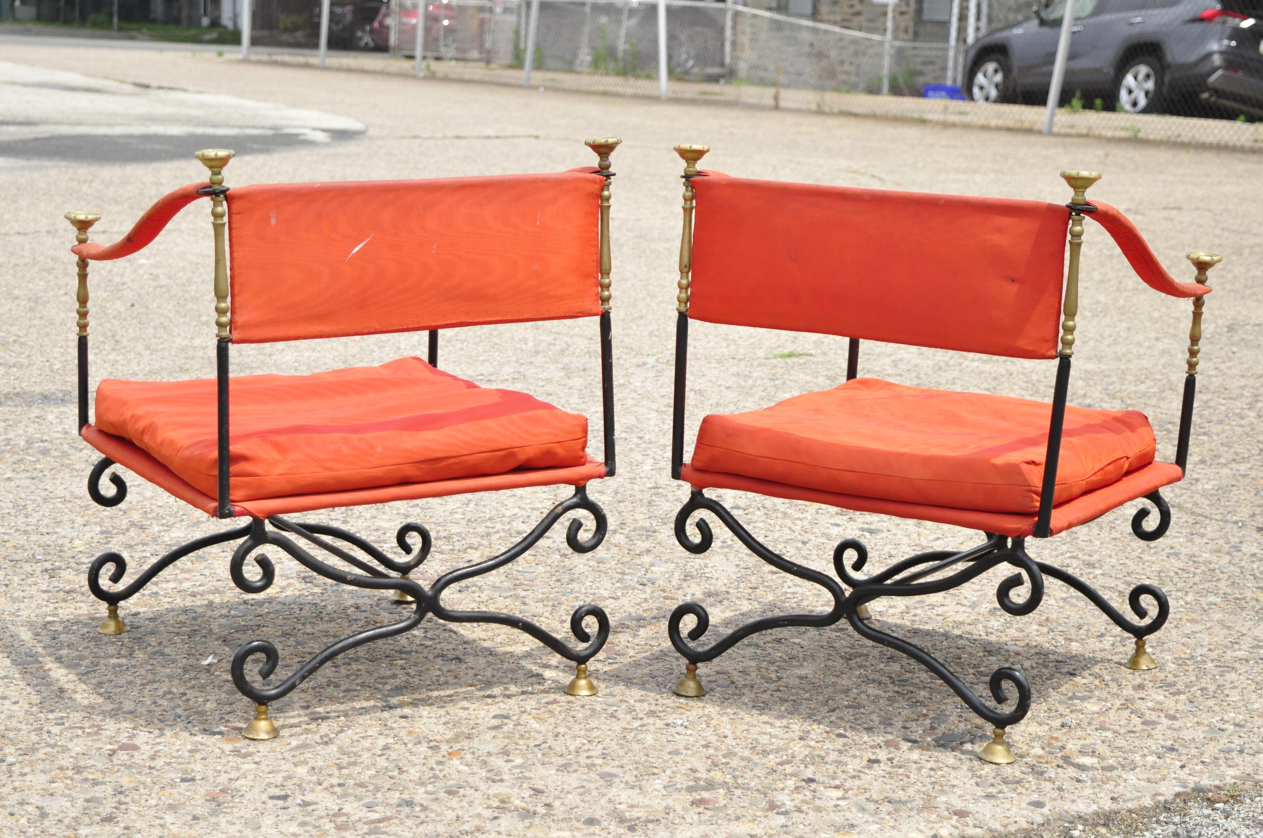 Italian Regency Savonarola Curule Wrought Iron Throne Lounge Chairs, a Pair For Sale 2