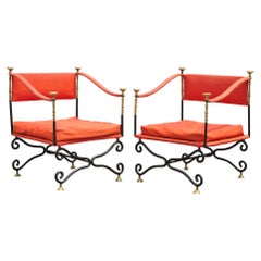Italian Regency Savonarola Curule Wrought Iron Throne Lounge Chairs, a Pair