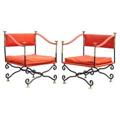 Retro Italian Regency Savonarola Curule Wrought Iron Throne Lounge Chairs, a Pair