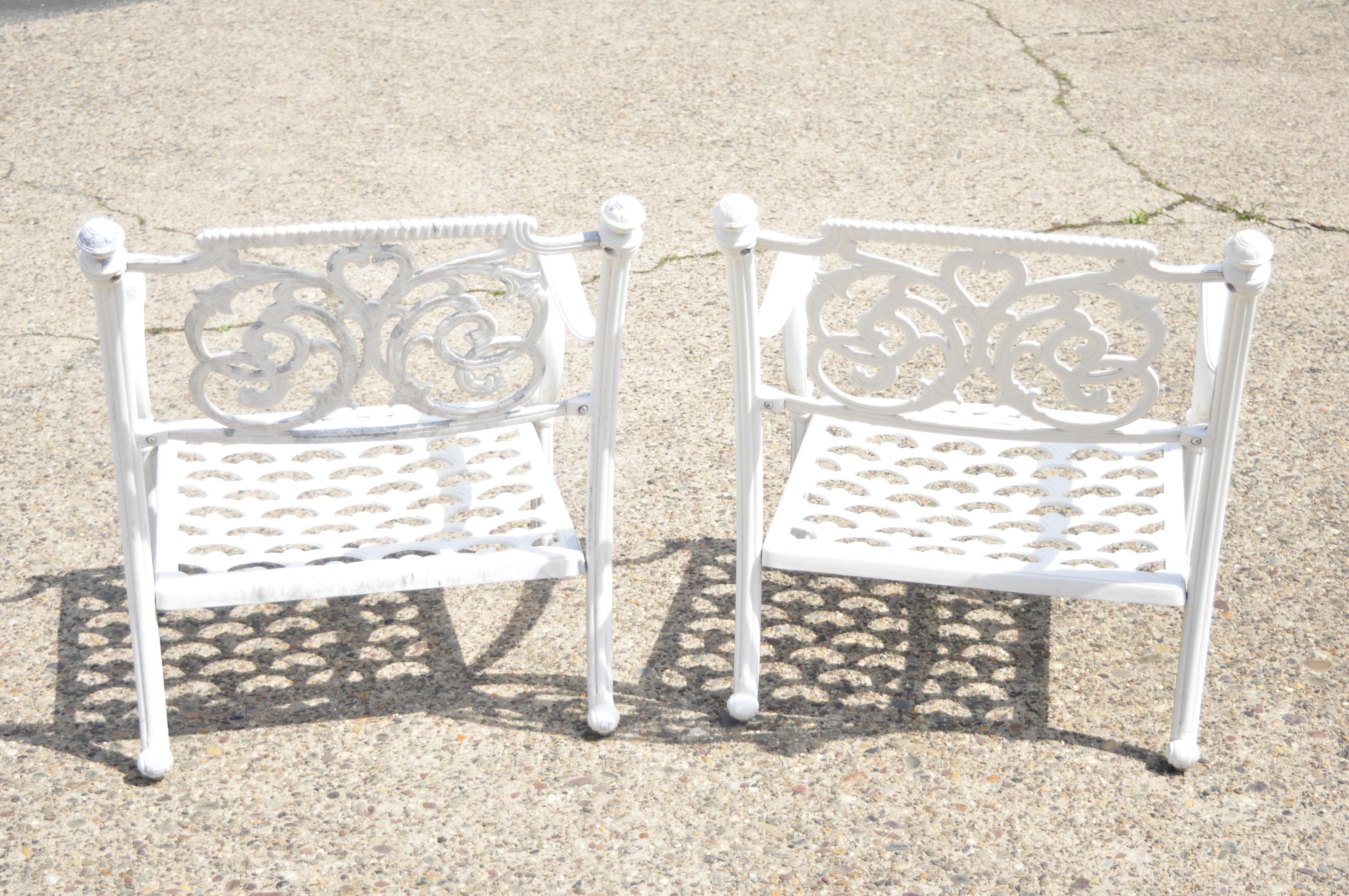 Italian Regency Scrollwork Aluminum Garden Patio Club Lounge Arm Chairs, a Pair For Sale 7